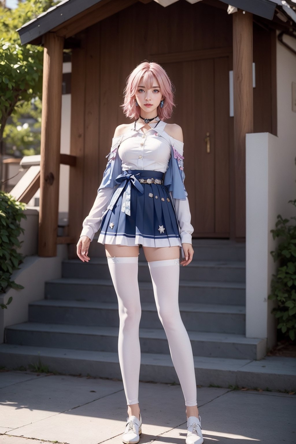 Ultra Detailed, 50mm, official art, unity 8k wallpaper, ultra detailed, aesthetic, masterpiece, best quality, photorealistic, short_hair, jewelry, earrings, pinkhair, hime_cut, bare shoulders, light blue eyes, sport_shoe, white socks, hair between eyes, elbow gloves, sleeveless, belt, leggings, blue shirt, indigo skirt, neckbelt, white footwear, long sleeves, full body, two bare long legs, white-skinned girl, tall, narrow waist, dynamic pose, dynamic angle,ph_Mar,march 7th \(honkai: star rail\),little_cute_girl, holding_bow_(weapon), japanese_shrine, corgi, golden_retriever