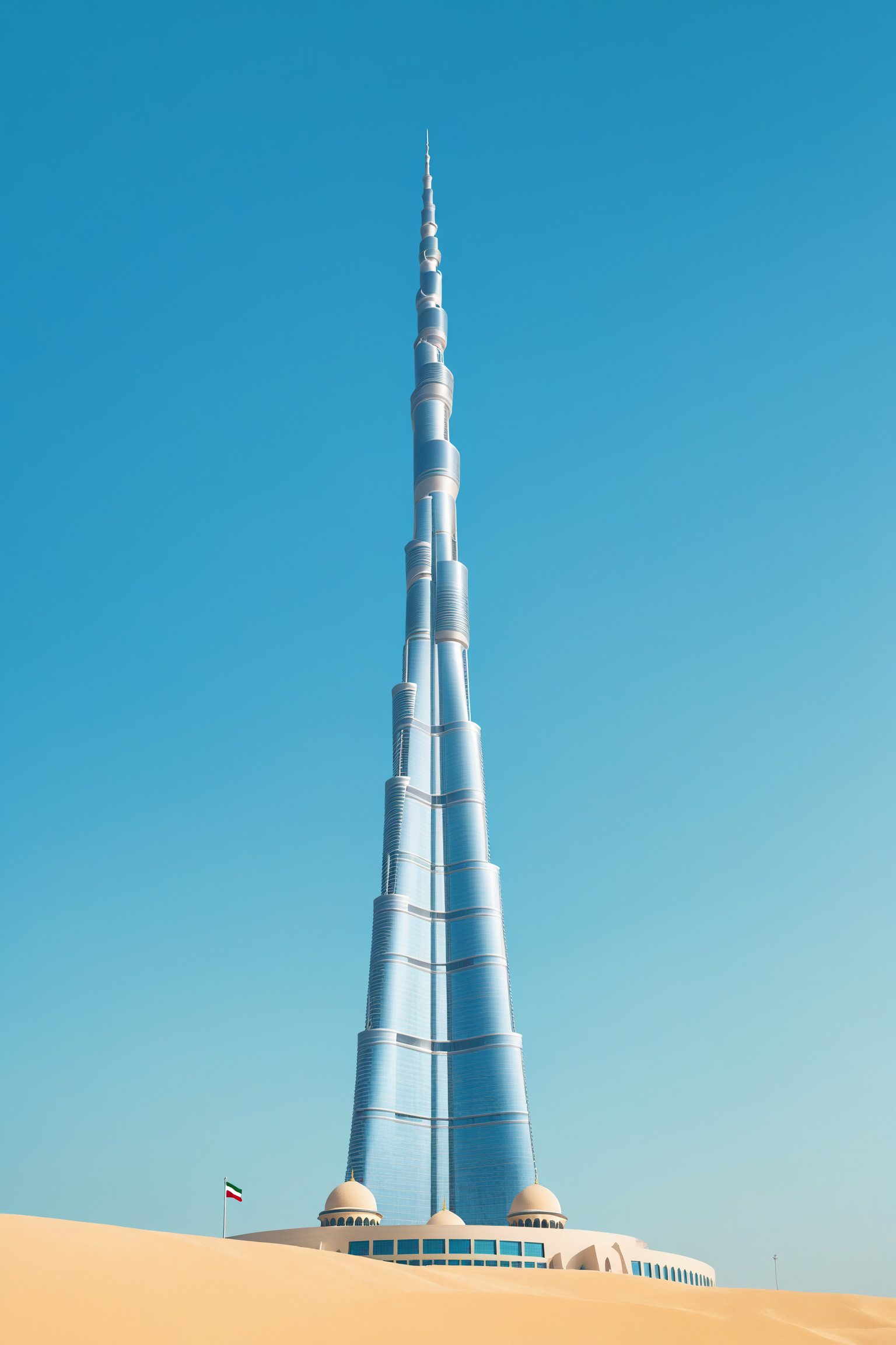 A flat design illustration of the Khalifa Tower in the United Arab Emirates. The tower should be centered in the image with a plain flat blue background . Use soft colors and no textures. Ensure there are no other objects in the image. The overall look should be calm and aesthetic. The design should be in 4K resolution.

,Helltaker style