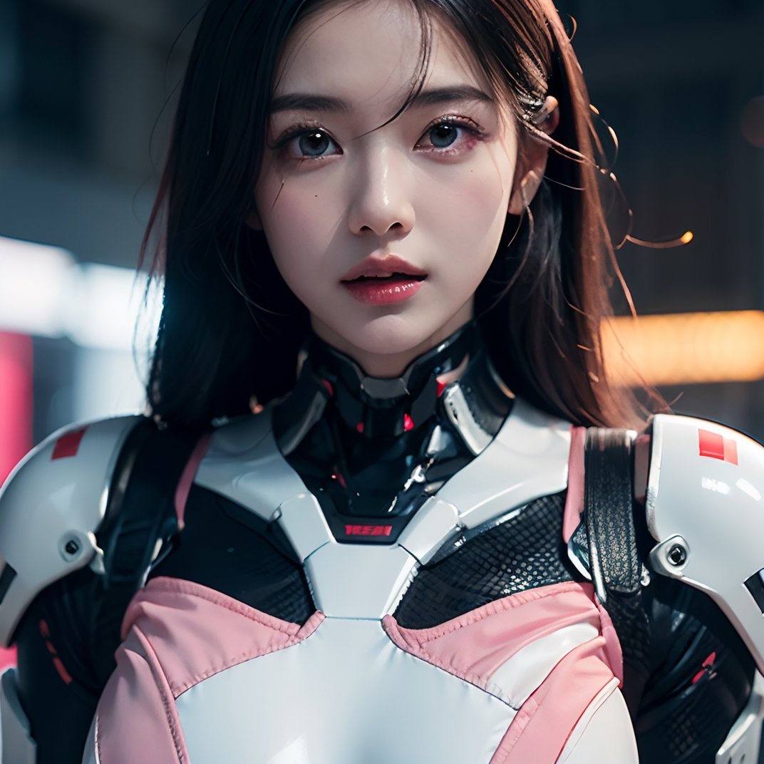 1girl, cyber suit, pink and white suit, black hair, ,mecha, high_resolution, high detailed, masterpeace,  