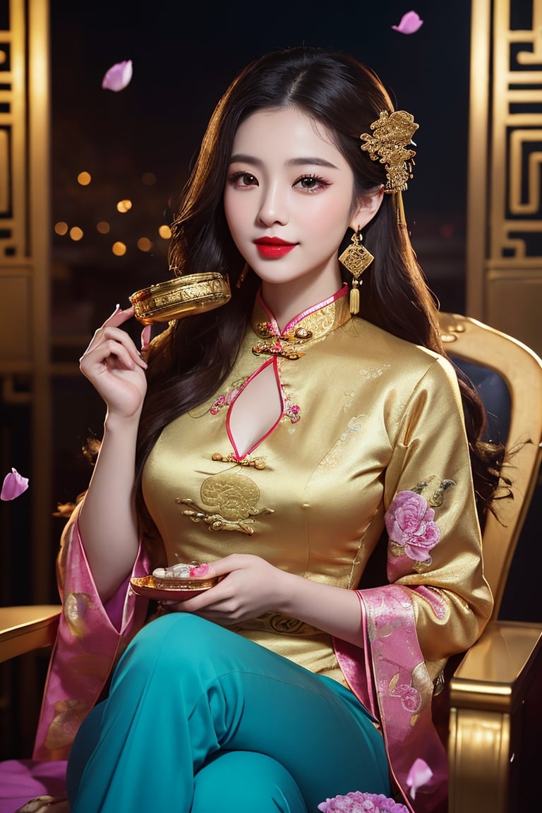 masterpiece, best quality, photorealistic, raw photo, 1girl, long hair, a very conservative old time red cheongsam, covering ample breasts, gold dragons and embroidered flowers, pale skin, perfect female figure, (slender: 0.5), (dressed as a Chinese emperor: 1.2), (highly saturated lipstick, purple-pink lips, dainty thick lips, gold hoop earrings), flowing petals of flowers, the Intricate details, (depth of field, bokeh), daytime, award winning photography, detailed background, volumetric effects, realistic, ultra-fine, ((hands holding mooncake)), ((twilightzone large moon background 2.5)).Sitting on dynasty qing queen dragon chair, sweet smile, wearing red long pants,light smile, detailed skin, pore, low key