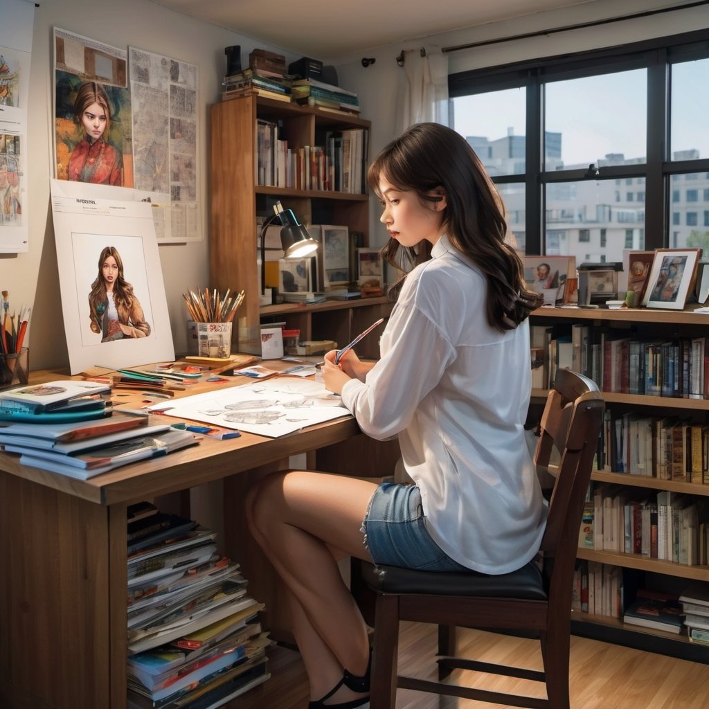 LinkGirl, 1girl, solo, long hair, realistic, looking at viewer, brown hair, shirt, sweet smile, brown eyes, lips, closed mouth, red lips, full body, white shirt, thick eyebrows, sitting on office chair in front of office desk, working studio, surrounded with 1/6 scale action figure, books selve, cartoonist common office room enviroment background, messy office studio, bangs, ((view from back:0.8)), portrait,
The study is a general cartoonist's room, the countertop is full of manuscript paper and brushes, there are many reference books, the wall has an avengers cartoon posters, there are 15' high bookcases stuffed with all kinds of comic books, part of the comic books scattered on the floor, the camera is a relatively long-distance shooting, you can shoot all of the study, the female artist wearing a white shirt, jean shorts, beautiful long legs, shorts stained with oil paint, the female artist's eyes look out the window! The female artist's eyes are looking out of the window, thinking about something, girl in the middle of sketching,the artist is sitting in front of the easel painting an acrylic portrait.
full length photography,dark, night, only light source from desktop lamp,rim lights, shadow & light, ultra realistic, 8k, insane super realistic, fashion photography skill, backside view facing viewer, super detailed face, detailed lips, detailed nose, detailed eyes, complex_background, and the wide angle lens captures the whole room's furnishings:0.8