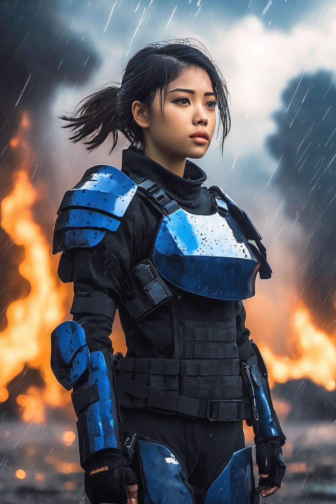 1girl, 25yo, portrait, US SWAT uniform((uniform detail with steel sheild like special force)) , with super powerful arm, Cyborg full body armour, steel ninja weapon, shoulder steel armor shield, heavy thunderstorm, rainy day,side lighting effect, lightning, wallpaper, Masterpiece, 8k, battle field background, ruin all over the place, after deep impact by terrorist destroying attacted, The sky is obscured from the blue by flames, soot and battle fires are everywhere, and there is a hidden fire dragon in the background 
Wide angle shot
8k, ultra realistic, anime_screencap,IncrsXLRanni,A girl in the wild , backside view, buttock,fig. be overwhelmed (with work or things to study)