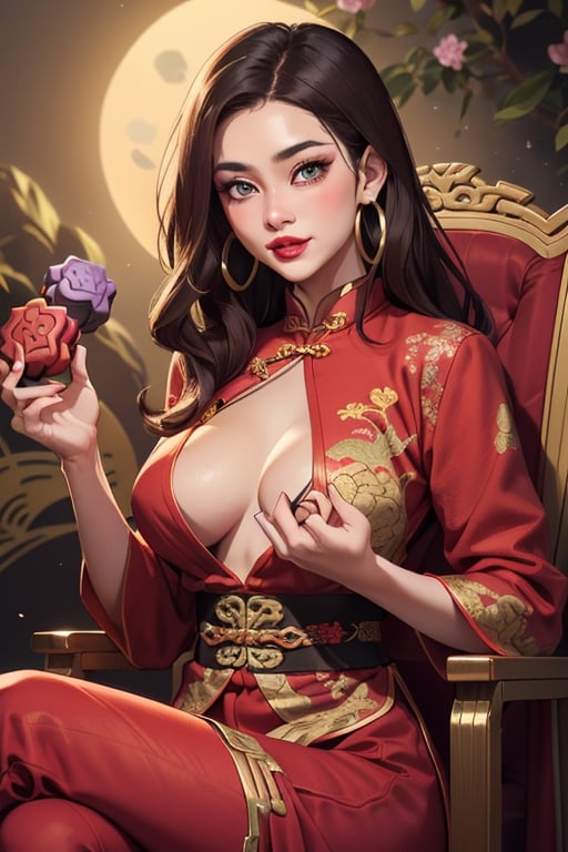 green-eyes, curly_hair, red_sweater, brunette, red_lipstick, biting_lip, cityscape, skirt_slit, brown,skirt,a very conservative old time red cheongsam, covering ample breasts, gold dragons and embroidered flowers, pale skin, perfect female figure, (slender: 0.5), (dressed as a Chinese emperor: 1.2), (highly saturated lipstick, purple-pink lips, dainty thick lips, gold hoop earrings), flowing petals of flowers, the Intricate details, (depth of field, bokeh), daytime, award winning photography, detailed background, volumetric effects, realistic, ultra-fine, ((hands holding mooncake)), ((twilightzone large moon background 2.5)).Sitting on dynasty qing queen dragon chair, sweet smile, wearing red long pants