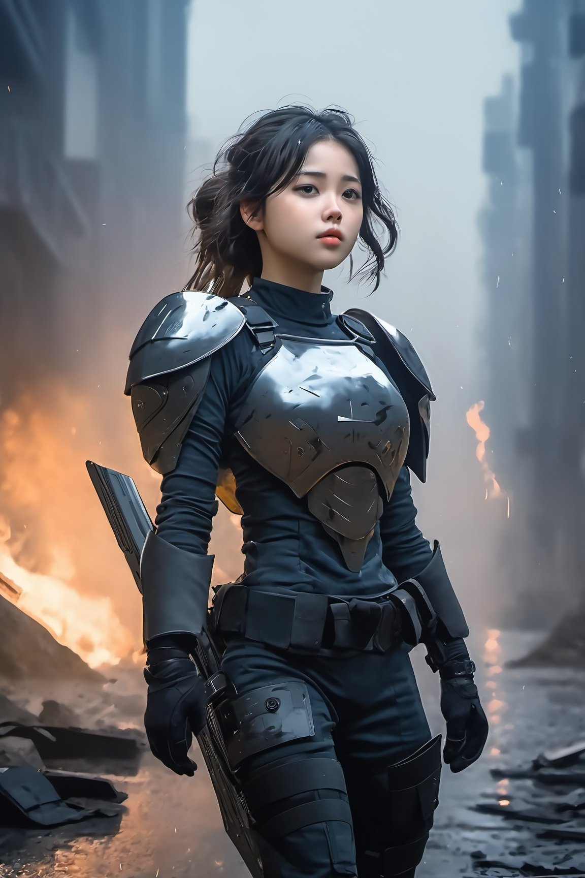 1girl, 25yo, portrait, US SWAT uniform((uniform detail with steel sheild like special force)) , with super powerful arm, Cyborg full body armour, steel ninja weapon, shoulder steel armor shield, sidelighting, wallpaper, Masterpiece, 8k, battle field background, ruin all over the place, after deep impact by terrorist destroying attacted, heavy thunderstorm, rainy day, The sky is obscured from the blue by flames, soot and battle fires are everywhere, and there is a hidden fire dragon in the background 
Wide angle shot
8k, ultra realistic, anime_screencap,IncrsXLRanni,A girl in the wild , backside view, buttock