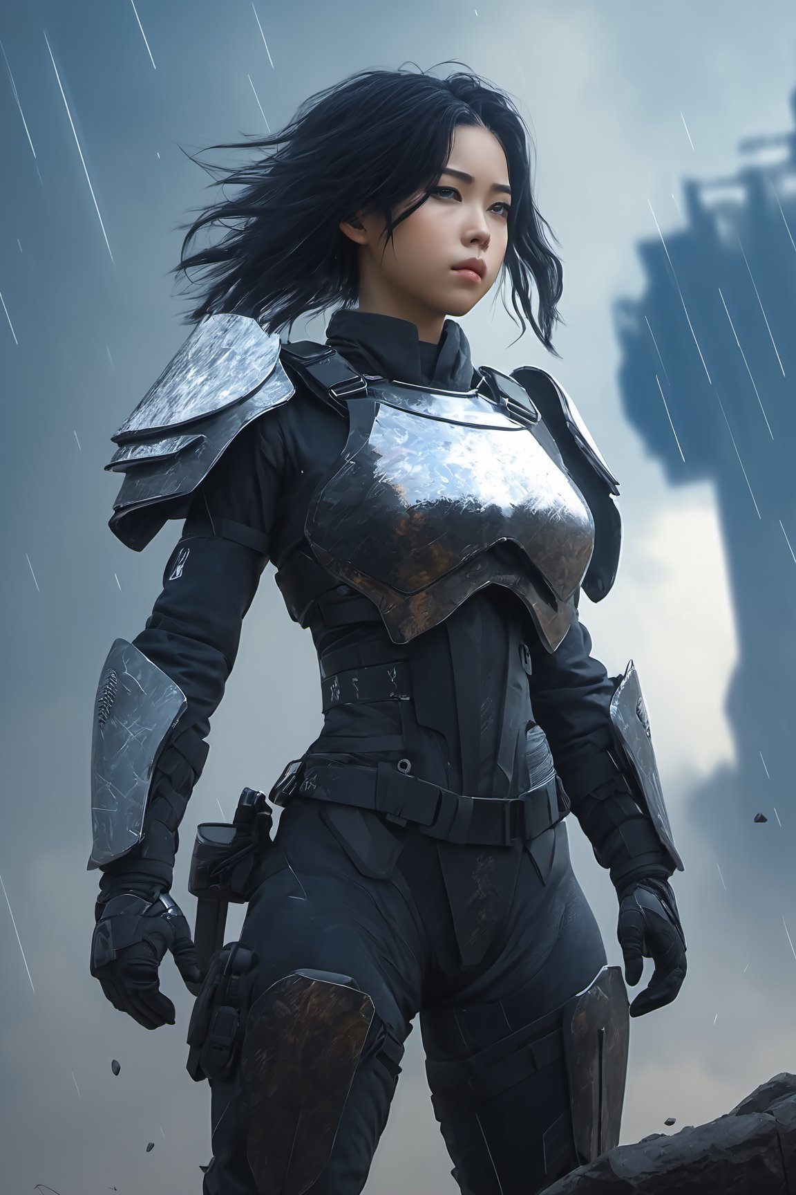 1girl, 25yo, portrait, US SWAT uniform((uniform detail with steel sheild like special force)) , with super powerful arm, Cyborg full body armour, steel ninja weapon, shoulder steel armor shield, heavy thunderstorm, rainy day,side lighting effect, lightning, wallpaper, Masterpiece, 8k, battle field background, ruin all over the place, after deep impact by terrorist destroying attacted, The sky is obscured from the blue by flames, soot and battle fires are everywhere, and there is a hidden fire dragon in the background 
Wide angle shot
8k, ultra realistic, anime_screencap,IncrsXLRanni,A girl in the wild , backside view, buttock