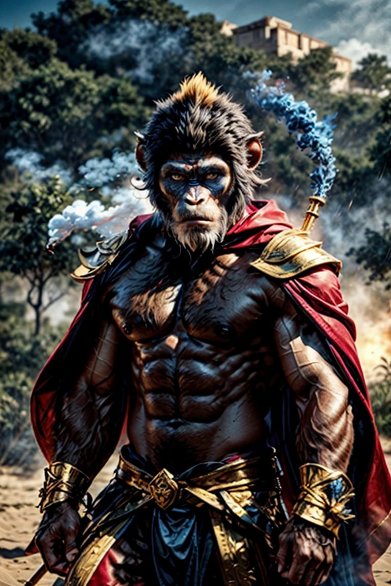 Real Monkey King-Wukong, monkey face, human body, man,warrior look, hair, gold headband, shield,3d image of video game, Wukong wearing golden armor battle robe, （red cape fluttering）, （holding a golden rod）, mighty in the midst of smoke and fog, behind the Gobi Beach. Movie live-action, real photo, HD 8k, screen showing gray-blue tones.masterpiece, photorealistic 