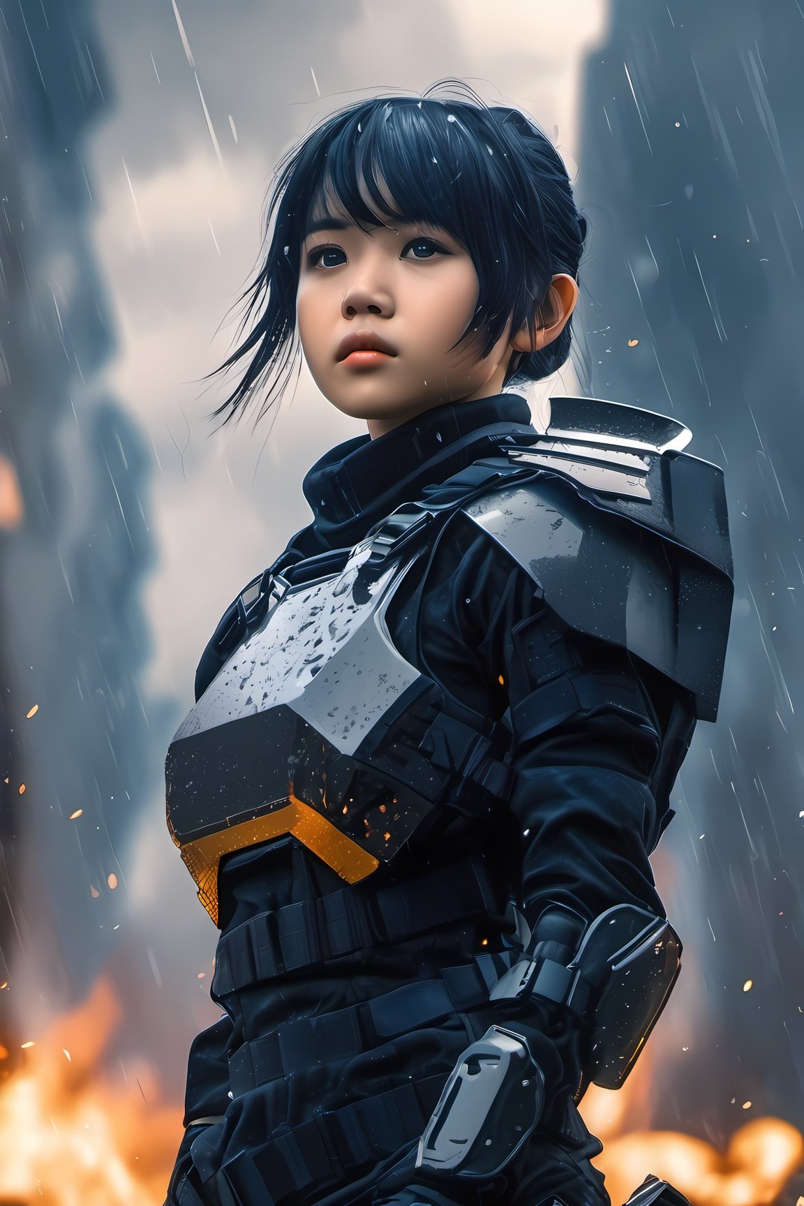 1girl, 25yo, portrait, US SWAT uniform((uniform detail with steel sheild like special force)) , with super powerful arm, Cyborg full body armour, steel ninja weapon, shoulder steel armor shield, heavy thunderstorm, rainy day,side lighting effect, lightning, wallpaper, Masterpiece, 8k, battle field background, ruin all over the place, after deep impact by terrorist destroying attacted, The sky is obscured from the blue by flames, soot and battle fires are everywhere, and there is a hidden fire dragon in the background 
Wide angle shot
8k, ultra realistic, anime_screencap,IncrsXLRanni,A girl in the wild , backside view, buttock