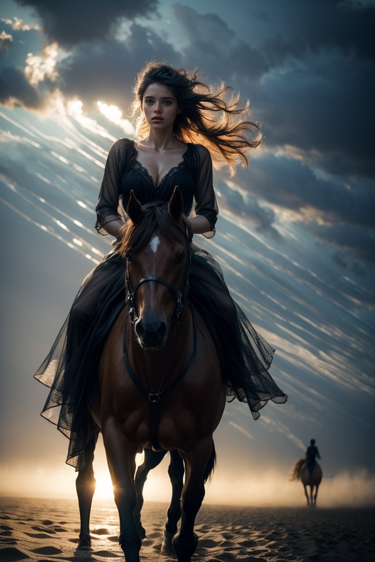 (dark magic), (grim), fantasy dynamic pose, elegant,dramtic light, transparency, ,shadow,surrealism,riding horse, running horses, dessert, smoke, sunlights through the sandstorm,thunderstorm,translucent,contrapposto, action packed, by Alena Aenami, fantasy, magic, magic beams, (intricate details), (hyperdetailed), 8k hdr, high detailed, lot of details, high quality, soft cinematic light, dramatic atmosphere, atmospheric perspective



