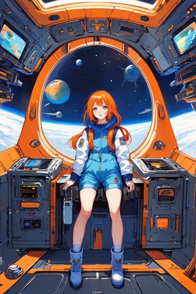 1girl, orange blue hair, very long hair, center parted bangs bangs, hooded sweatshirt blue dungarees garter straps loafers, sci-fi in space ship midnight,