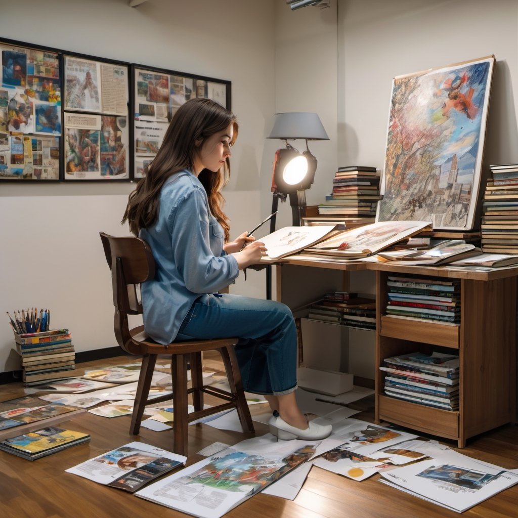 LinkGirl, 1girl, solo, long hair, realistic, looking at viewer, brown hair, shirt, sweet smile, brown eyes, lips, closed mouth, red lips, full body, white shirt, thick eyebrows, sitting on office chair in front of office desk, working studio, surrounded with 1/6 scale action figure, books selve, cartoonist common office room enviroment background, messy office studio, bangs, ((view from back:0.8)), portrait,
The study is a general cartoonist's room, the countertop is full of manuscript paper and brushes, there are many reference books, the wall has an avengers cartoon posters, there are 15' high bookcases stuffed with all kinds of comic books, part of the comic books scattered on the floor, the camera is a relatively long-distance shooting, you can shoot all of the study, the female artist wearing a white shirt, jean shorts, beautiful long legs, shorts stained with oil paint, the female artist's eyes look out the window! The female artist's eyes are looking out of the window, thinking about something, girl in the middle of sketching,the artist is sitting in front of the easel painting an acrylic portrait.
full length photography,dark, night, only light source from desktop lamp,rim lights, shadow & light, ultra realistic, 8k, insane super realistic, fashion photography skill, backside view facing viewer, super detailed face, detailed lips, detailed nose, detailed eyes, complex_background, and the wide angle lens captures the whole room's furnishings:0.8