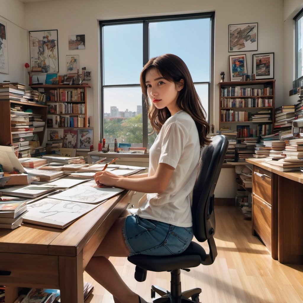 LinkGirl, 1girl, solo, long hair, realistic, looking at viewer, brown hair, shirt, simple background, brown eyes, lips, closed mouth, red lips, full body, white shirt, thick eyebrows, sitting on office chair in front of office desk, working studio, surrounded with 1/6 scale action figure, books selve, cartoonist common office room enviroment background, messy office studio, bangs, view from back, portrait,
The study is a general cartoonist's room, the countertop is full of manuscript paper and brushes, there are many reference books, the wall has an avengers cartoon posters, there are 15' high bookcases stuffed with all kinds of comic books, part of the comic books scattered on the floor, the camera is a relatively long-distance shooting, you can shoot all of the study, the female artist wearing a white shirt, jean shorts, beautiful long legs, shorts stained with oil paint, the female artist's eyes look out the window! The female artist's eyes are looking out of the window, thinking about something, girl in the middle of sketching,
full length photography,rim lights, shadow & light, ultra realistic, 8k, insane super realistic, fashion photography skill, backside view facing viewer, super detailed face, detailed lips, detailed nose, detailed eyes, complex_background, and the wide angle lens captures the whole room's furnishings.