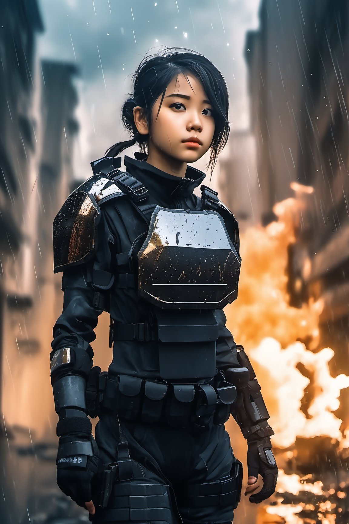 1girl, 25yo, portrait, US SWAT uniform((uniform detail with steel sheild like special force)) , with super powerful arm, Cyborg full body armour, steel ninja weapon, shoulder steel armor shield, heavy thunderstorm, rainy day,side lighting effect, lightning, wallpaper, Masterpiece, 8k, battle field background, ruin all over the place, after deep impact by terrorist destroying attacted, The sky is obscured from the blue by flames, soot and battle fires are everywhere, and there is a hidden fire dragon in the background 
Wide angle shot
8k, ultra realistic, anime_screencap,IncrsXLRanni,A girl in the wild , backside view, buttock