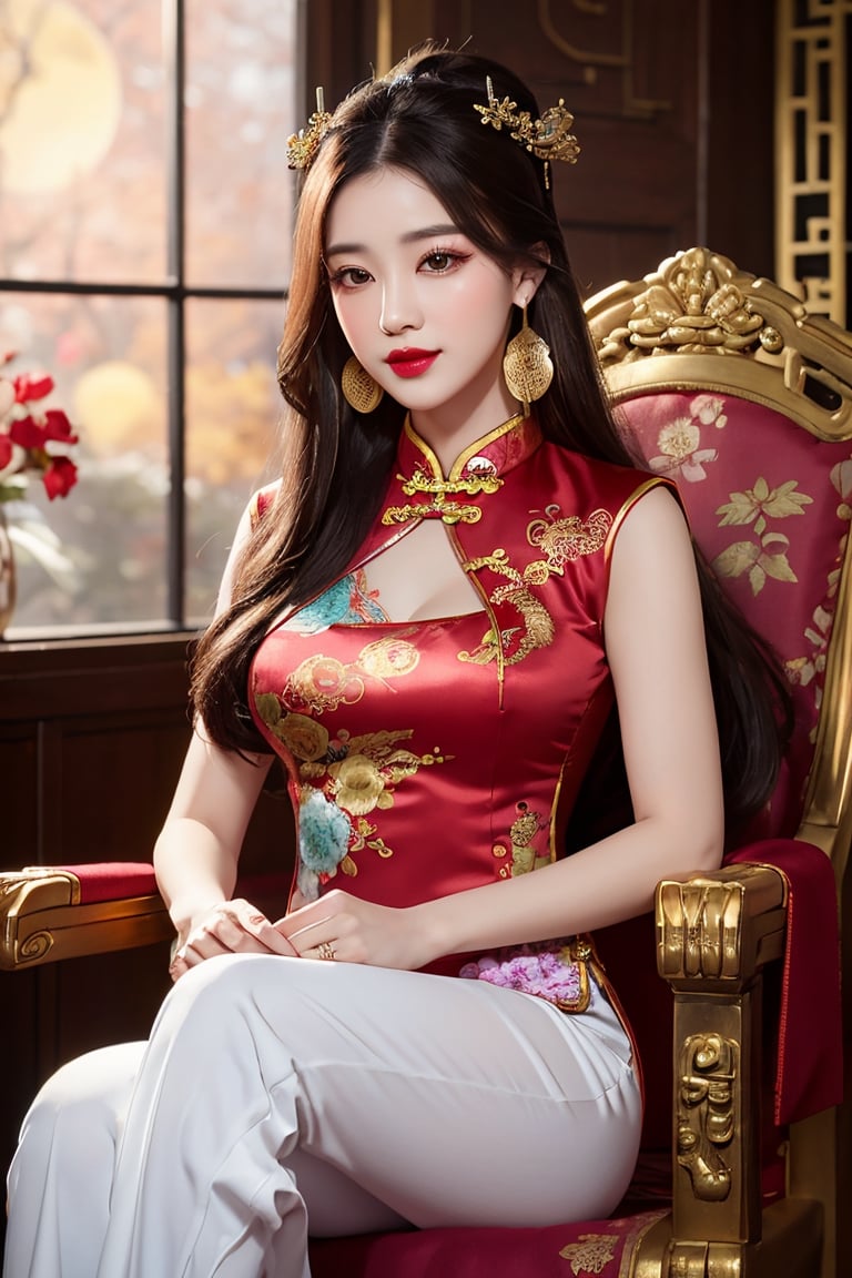 masterpiece, best quality, photorealistic, raw photo, 1girl, long hair, a very conservative old time red cheongsam((bloody shining red)), covering ample breasts, gold dragons and embroidered flowers, pale skin, perfect female figure, (slender: 0.5), (dressed as a Chinese emperor: 1.2), (highly saturated lipstick, purple-pink lips, dainty thick lips, gold hoop earrings), flowing petals of flowers, the Intricate details, (depth of field, bokeh), daytime, award winning photography, detailed background, volumetric effects, realistic, ultra-fine, ((hands holding mooncake)), ((twilightzone large moon background 2.5)).Sitting on dynasty qing queen dragon chair, sweet smile, wearing red long pants((red)),light smile, detailed skin, pore, low key