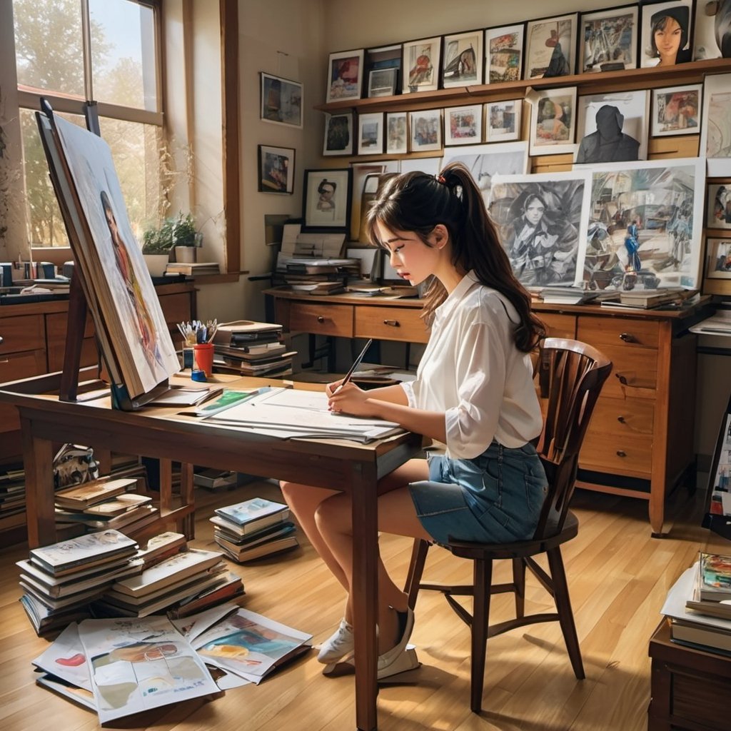 LinkGirl, 1girl, solo, with golden frame glasses, long hair, realistic, looking at viewer, brown hair, shirt, sweet smile, brown eyes, lips, closed mouth, red lips, full body, white shirt, thick eyebrows, sitting on office chair in front of office desk, working studio, surrounded with 1/6 scale action figure, books selve, cartoonist common office room enviroment background, messy office studio, bangs, ((view from back:0.8)), portrait,
The study is a general cartoonist's room, the countertop is full of manuscript paper and brushes, there are many reference books, the wall has an avengers cartoon posters, there are 15' high bookcases stuffed with all kinds of comic books, part of the comic books scattered on the floor, the camera is a relatively long-distance shooting, you can shoot all of the study, the female artist wearing a white shirt, jean shorts, beautiful long legs, shorts stained with oil paint, the female artist's eyes look out the window! The female artist's eyes are looking out of the window, thinking about something, girl in the middle of sketching,the artist is sitting in front of the easel painting an acrylic portrait.
full length photography,dark, night, only light source from desktop lamp,rim lights, shadow & light, ultra realistic, 8k, insane super realistic, fashion photography skill, backside view facing viewer, super detailed face, detailed lips, detailed nose, detailed eyes, complex_background, and the wide angle lens captures the whole room's furnishings:0.8