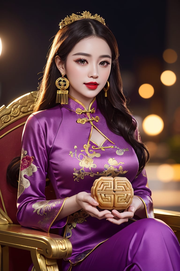 masterpiece, best quality, photorealistic, raw photo, 1girl, long hair, a very conservative old time red cheongsam, covering ample breasts, gold dragons and embroidered flowers, pale skin, perfect female figure, (slender: 0.5), (dressed as a Chinese emperor: 1.2), (highly saturated lipstick, purple-pink lips, dainty thick lips, gold hoop earrings), flowing petals of flowers, the Intricate details, (depth of field, bokeh), daytime, award winning photography, detailed background, volumetric effects, realistic, ultra-fine, ((hands holding mooncake)), ((twilightzone large moon background 2.5)).Sitting on dynasty qing queen dragon chair, sweet smile, wearing red long pants,light smile, detailed skin, pore, low key