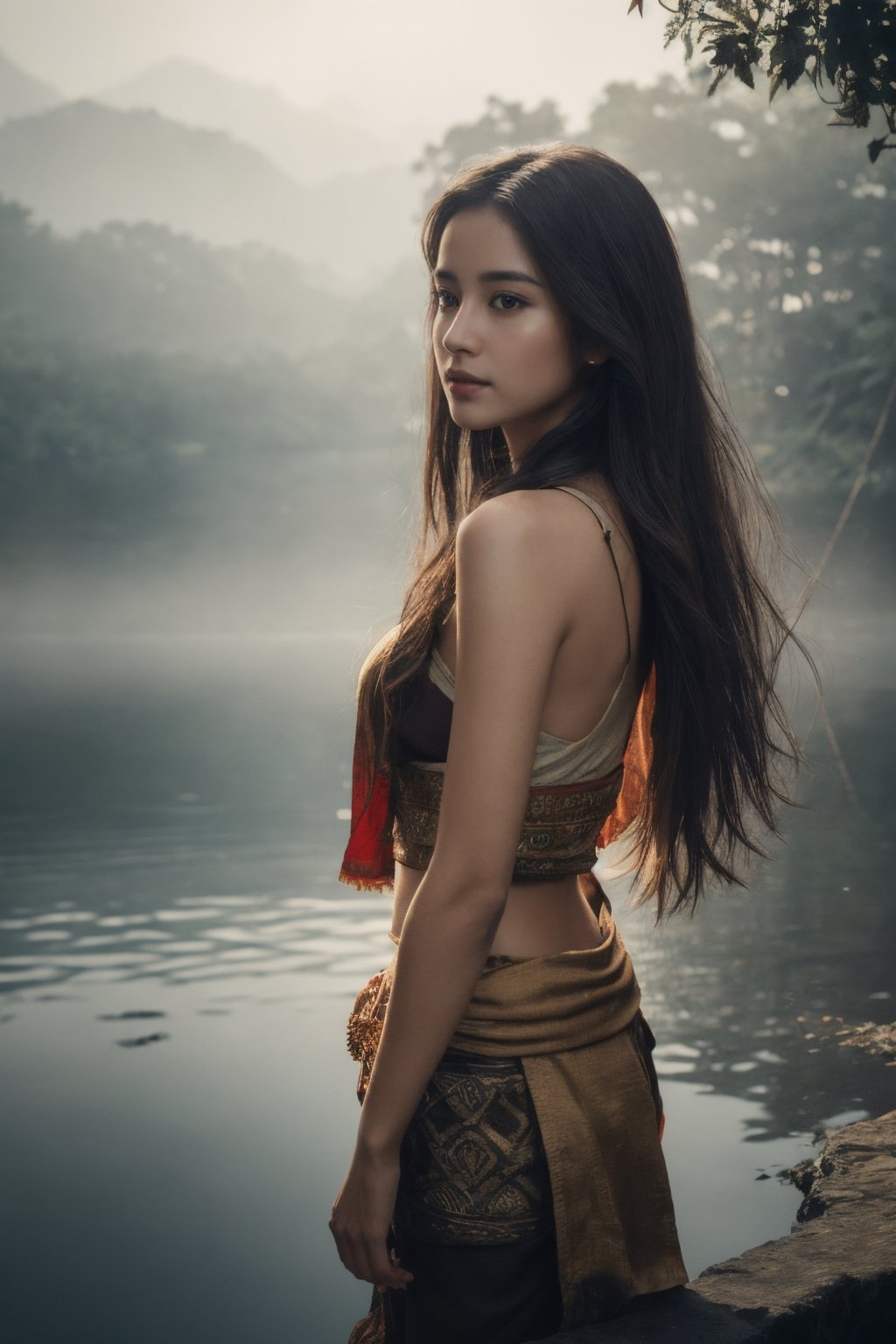 photorealistic, masterpiece, best quality, raw photo, 1balinese girl, solo, long fluffy hair, brown hair, detailed face, alluring face, body wrapped in Bali Minangkabau batik sarung wear, dynamic pose,looking at viewer, from below, backside view, long legs,,detailed background, fine detailed, intricate detail,  ray tracing, depth of field, hdr,quiet, calm,Beautiful dynamic dramatic dark moody lighting, volumetric, shadows, cinematic atmosphere, Octane render CV, half body in the lake,water reflection, fog