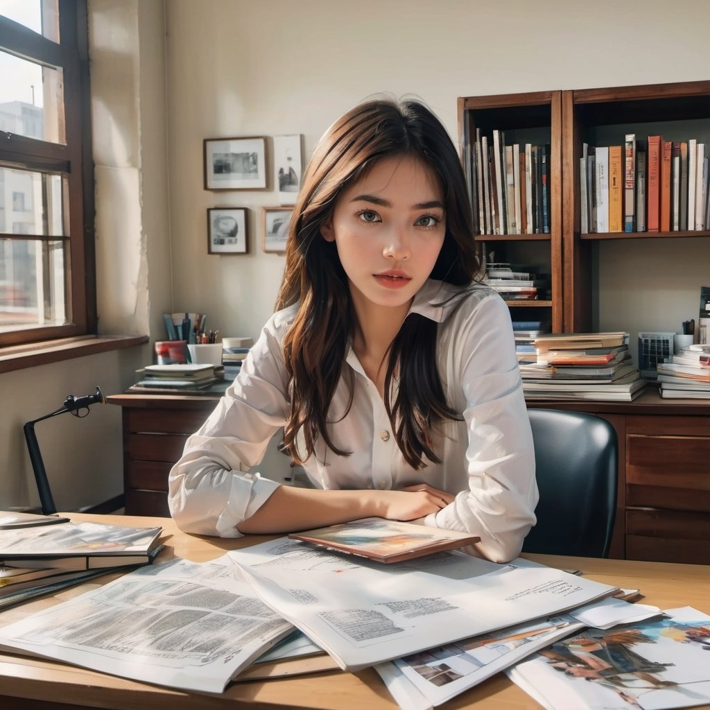 LinkGirl, 1girl, solo, long hair, realistic, looking at viewer, brown hair, shirt, simple background, brown eyes, lips, closed mouth, red lips, upper body, white shirt, jacket, thick eyebrows, sitting on office chair in front of office desk, working studio, surrounded with model figure, books delve, cartoonist common office room enviroment background, messy office studio, bangs, view from back,white background, portrait,
The study is a general cartoonist's room, the countertop is full of manuscript paper and brushes, there are many reference books, the wall has an avengers cartoon posters, there are bookcases stuffed with all kinds of comic books, part of the comic books scattered on the floor, the camera is a relatively long-distance shooting, you can shoot all of the study, the female artist wearing a white shirt, jean shorts, shorts stained with oil paint, the female artist's eyes look out the window! The female artist's eyes are looking out of the window, thinking about something, girl in the middle of sketching,
full length photography,rim lights, shadow & light, ultra realistic, 8k, insane super realistic, fashion photography skill, backside view facing viewer, super detailed face, detailed lips, detailed nose, detailed eyes, complex_background