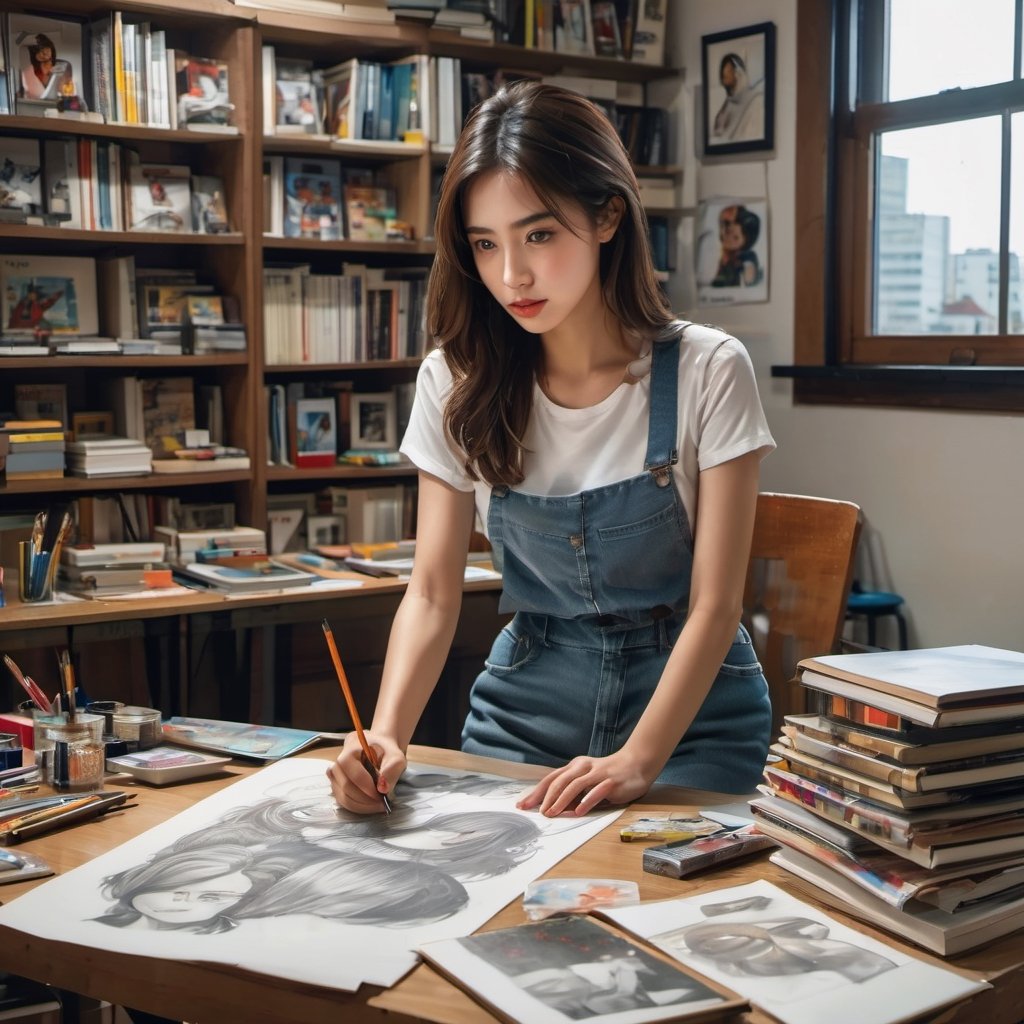 LinkGirl, 1girl, solo, long hair, realistic, looking at viewer, brown hair, shirt, sweet smile, brown eyes, lips, closed mouth, red lips, full body, white shirt, thick eyebrows, sitting on office chair in front of office desk, working studio, surrounded with 1/6 scale action figure, books selve, cartoonist common office room enviroment background, messy office studio, bangs, ((view from back:0.8)), portrait,
The study is a general cartoonist's room, the countertop is full of manuscript paper and brushes, there are many reference books, the wall has an avengers cartoon posters, there are 15' high bookcases stuffed with all kinds of comic books, part of the comic books scattered on the floor, the camera is a relatively long-distance shooting, you can shoot all of the study, the female artist wearing a white shirt, jean shorts, beautiful long legs, shorts stained with oil paint, the female artist's eyes look out the window! The female artist's eyes are looking out of the window, thinking about something, girl in the middle of sketching,the artist is sitting in front of the easel painting an acrylic portrait.
full length photography,dark, night, only light source from desktop lamp,rim lights, shadow & light, ultra realistic, 8k, insane super realistic, fashion photography skill, backside view facing viewer, super detailed face, detailed lips, detailed nose, detailed eyes, complex_background, ((and the wide angle lens captures the whole room's furnishings:0.8))