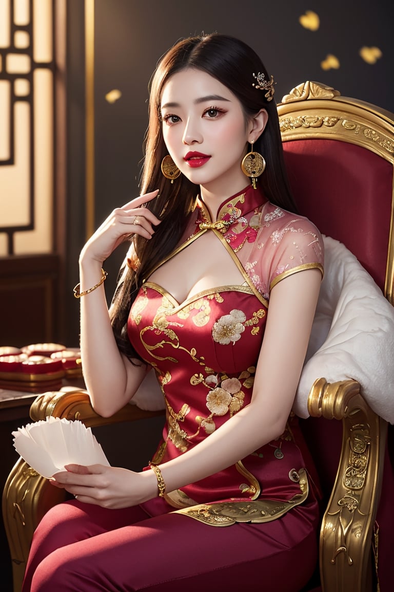 masterpiece, best quality, photorealistic, raw photo, 1girl, long hair, a very conservative old time red cheongsam((bloody shining red)), covering ample breasts, gold dragons and embroidered flowers, pale skin, perfect female figure, (slender: 0.5), (dressed as a Chinese emperor: 1.2), (highly saturated lipstick, purple-pink lips, dainty thick lips, gold hoop earrings), flowing petals of flowers, the Intricate details, (depth of field, bokeh), daytime, award winning photography, detailed background, volumetric effects, realistic, ultra-fine, ((hands holding mooncake)), ((twilightzone large moon background 2.5)).Sitting on dynasty qing queen dragon chair, sweet smile, wearing red long pants((red)),light smile, detailed skin, pore, low key