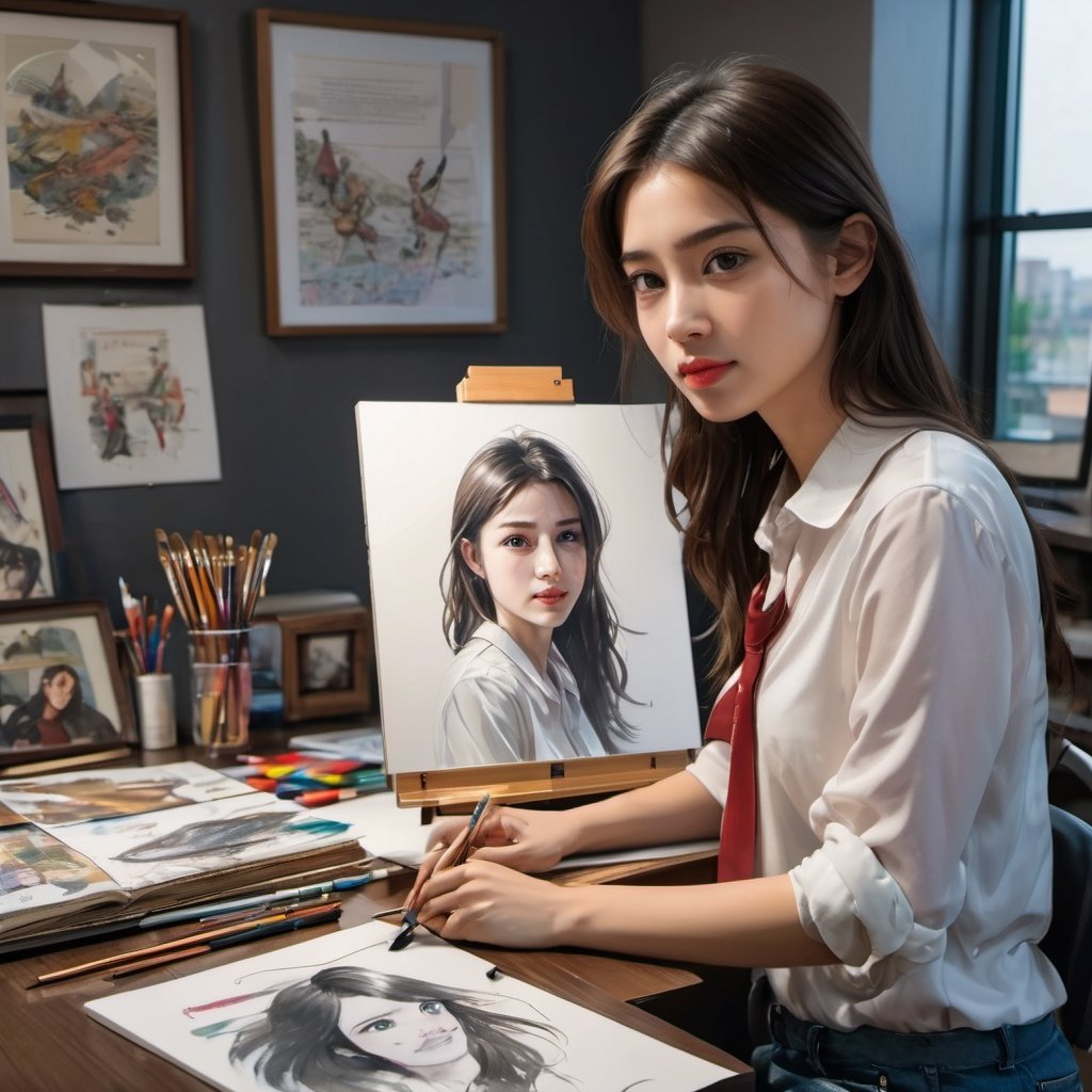 LinkGirl, 1girl, solo, long hair, realistic, looking at viewer, brown hair, shirt, sweet smile, brown eyes, lips, closed mouth, red lips, full body, white shirt, thick eyebrows, sitting on office chair in front of office desk, working studio, surrounded with 1/6 scale action figure, books selve, cartoonist common office room enviroment background, messy office studio, bangs, ((view from back:0.8)), portrait,
The study is a general cartoonist's room, the countertop is full of manuscript paper and brushes, there are many reference books, the wall has an avengers cartoon posters, there are 15' high bookcases stuffed with all kinds of comic books, part of the comic books scattered on the floor, the camera is a relatively long-distance shooting, you can shoot all of the study, the female artist wearing a white shirt, jean shorts, beautiful long legs, shorts stained with oil paint, the female artist's eyes look out the window! The female artist's eyes are looking out of the window, thinking about something, girl in the middle of sketching,the artist is sitting in front of the easel painting an acrylic portrait.
full length photography,dark, night, only light source from desktop lamp,rim lights, shadow & light, ultra realistic, 8k, insane super realistic, fashion photography skill, backside view facing viewer, super detailed face, detailed lips, detailed nose, detailed eyes, complex_background, and the wide angle lens captures the whole room's furnishings:0.8