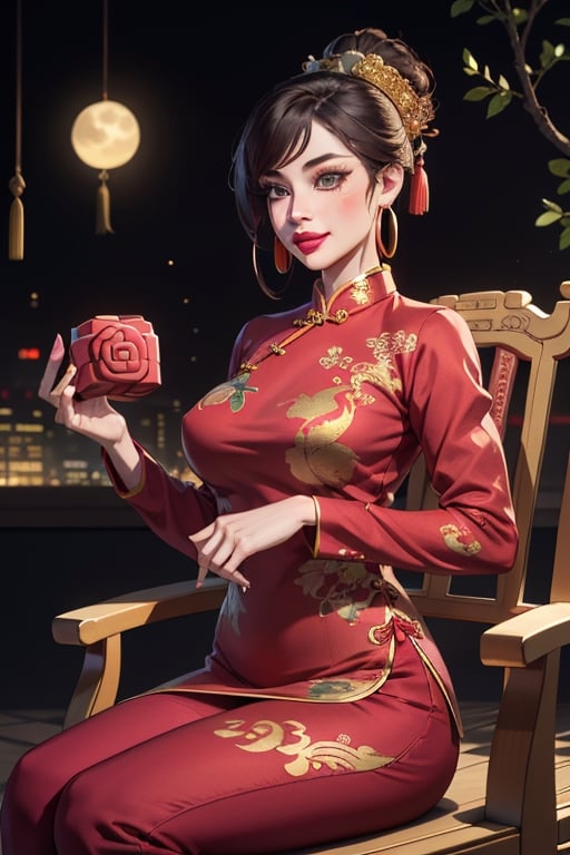 green-eyes, curly_hair, red_sweater, brunette, red_lipstick, biting_lip, cityscape, skirt_slit, brown,skirt,a very conservative old time red cheongsam, covering ample breasts, gold dragons and embroidered flowers, pale skin, perfect female figure, (slender: 0.5), (dressed as a Chinese emperor: 1.2), (highly saturated lipstick, purple-pink lips, dainty thick lips, gold hoop earrings), flowing petals of flowers, the Intricate details, (depth of field, bokeh), daytime, award winning photography, detailed background, volumetric effects, realistic, ultra-fine, ((hands holding mooncake)), ((twilightzone large moon background 2.5)).Sitting on dynasty qing queen dragon chair, sweet smile, wearing red long pants