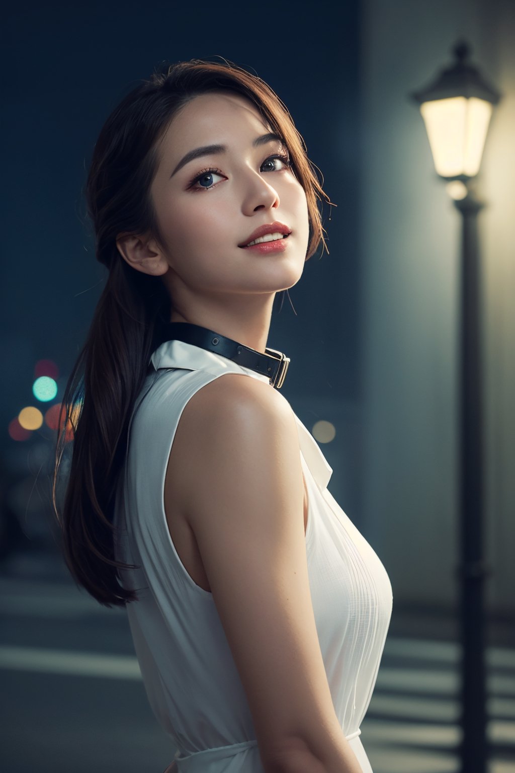 masterpiece, best quality, photorealistic, raw photo, veey stunning girl, see throught dressing, low angle camera, half body, tomb raider hair style, green eyes, medium breast,office dress, collar blouse, scale,light smile, detailed skin, pore, wide shot, low angle, in the dark, low key, light & dark, tyndall effect, outline light, film grain, depth of field, analog film style, slender body, uptown background, street light, strong back light source from cars, sexy tight, fog, light and shadow, bokeh, f1 lens, depth of field, (night, dark, dark photo, grainy, dimly lit:1.4), Vaporwave, (masterpiece:1.2), noise ,FilmGirl, photorealistic, cinematic,