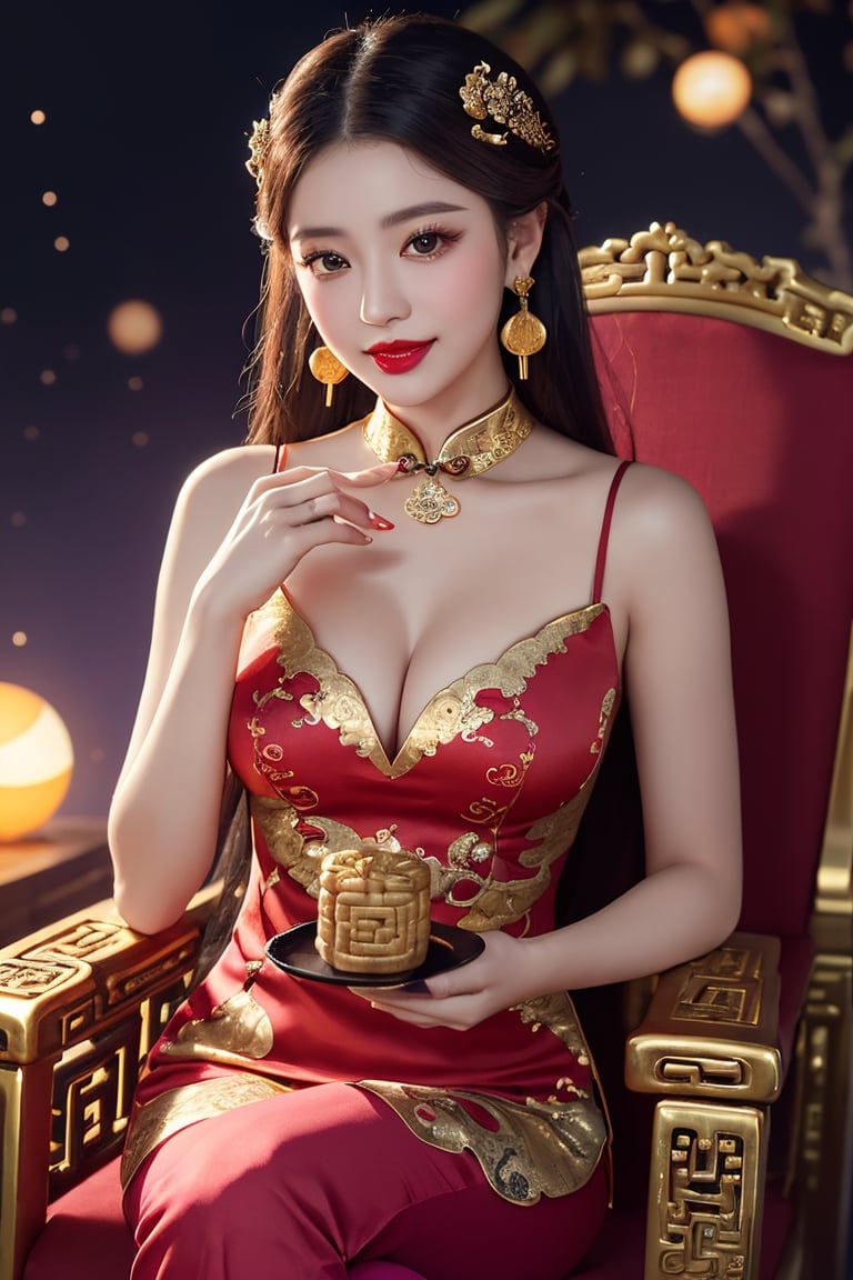 masterpiece, best quality, photorealistic, raw photo, 1girl, long hair, a very conservative old time red cheongsam, covering ample breasts, gold dragons and embroidered flowers, pale skin, perfect female figure, (slender: 0.5), (dressed as a Chinese emperor: 1.2), (highly saturated lipstick, purple-pink lips, dainty thick lips, gold hoop earrings), flowing petals of flowers, the Intricate details, (depth of field, bokeh), daytime, award winning photography, detailed background, volumetric effects, realistic, ultra-fine, ((hands holding mooncake)), ((twilightzone large moon background 2.5)).Sitting on dynasty qing queen dragon chair, sweet smile, wearing red long pants,light smile, detailed skin, pore, low key