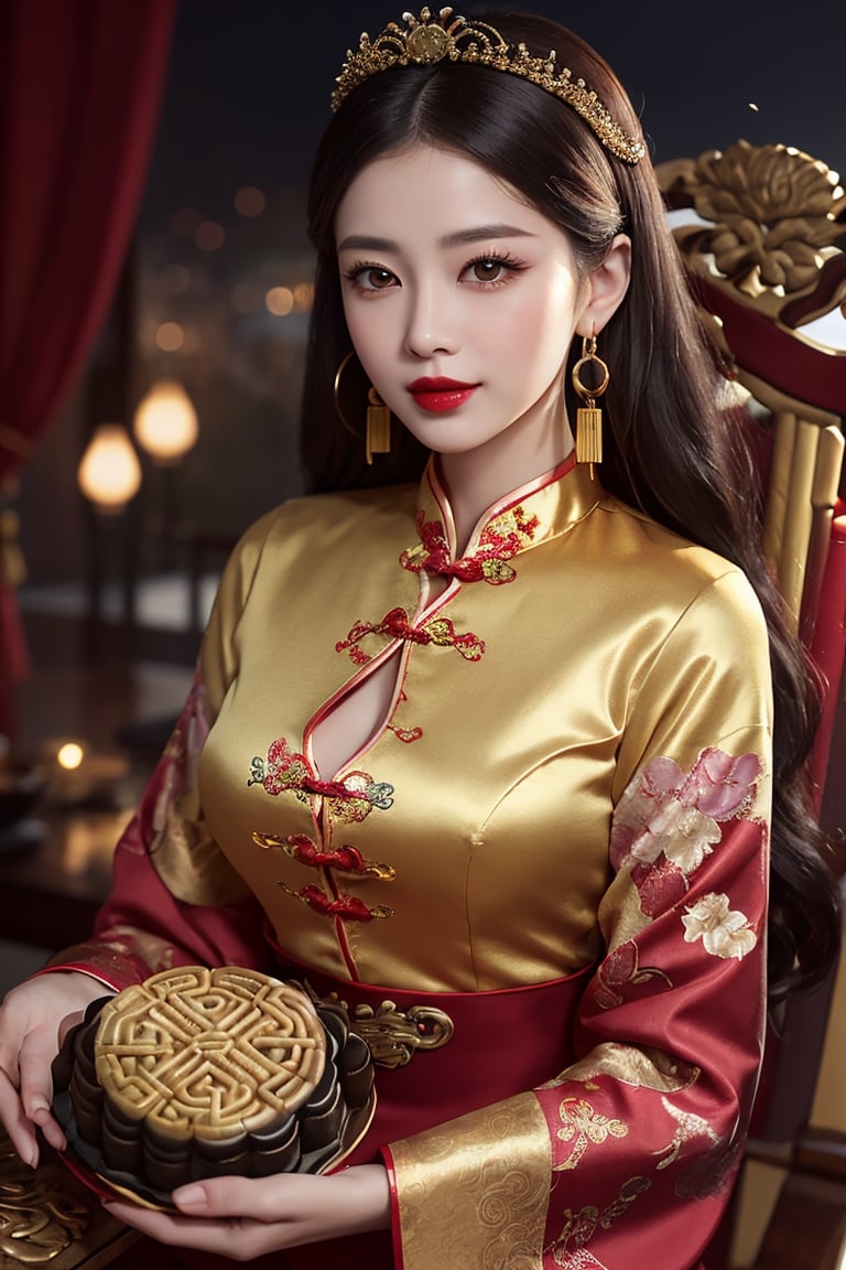 masterpiece, best quality, photorealistic, raw photo, 1girl, long hair, a very conservative old time red cheongsam((bloody shining red)), covering ample breasts, gold dragons and embroidered flowers, pale skin, perfect female figure, (slender: 0.5), (dressed as a Chinese emperor: 1.2), (highly saturated lipstick, purple-pink lips, dainty thick lips, gold hoop earrings), flowing petals of flowers, the Intricate details, (depth of field, bokeh), daytime, award winning photography, detailed background, volumetric effects, realistic, ultra-fine, ((hands holding chinese mooncake)), ((twilightzone large moon background 2.5)).Sitting on dynasty qing queen dragon chair, sweet smile, wearing red long pants((red)),light smile, detailed skin, pore, low key