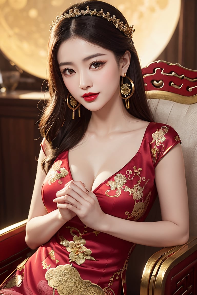 masterpiece, best quality, photorealistic, raw photo, 1girl, long hair, a very conservative old time red cheongsam((bloody shining red)), covering ample breasts, gold dragons and embroidered flowers, pale skin, perfect female figure, (slender: 0.5), (dressed as a Chinese emperor: 1.2), (highly saturated lipstick, purple-pink lips, dainty thick lips, gold hoop earrings), flowing petals of flowers, the Intricate details, (depth of field, bokeh), daytime, award winning photography, detailed background, volumetric effects, realistic, ultra-fine, ((hands holding mooncake)), ((twilightzone large moon background 2.5)).Sitting on dynasty qing queen dragon chair, sweet smile, wearing red long pants((red)),light smile, detailed skin, pore, low key