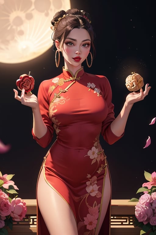 green-eyes, curly_hair, red_sweater, brunette, red_lipstick, biting_lip, cityscape, skirt_slit, brown,skirt,a very conservative old time red cheongsam, covering ample breasts, gold dragons and embroidered flowers, pale skin, perfect female figure, (slender: 0.5), (dressed as a Chinese emperor: 1.2), (highly saturated lipstick, purple-pink lips, dainty thick lips, gold hoop earrings), flowing petals of flowers, the Intricate details, (depth of field, bokeh), daytime, award winning photography, detailed background, volumetric effects, realistic, ultra-fine, ((hands holding mooncake)), ((twilightzone large moon background 2.5)).