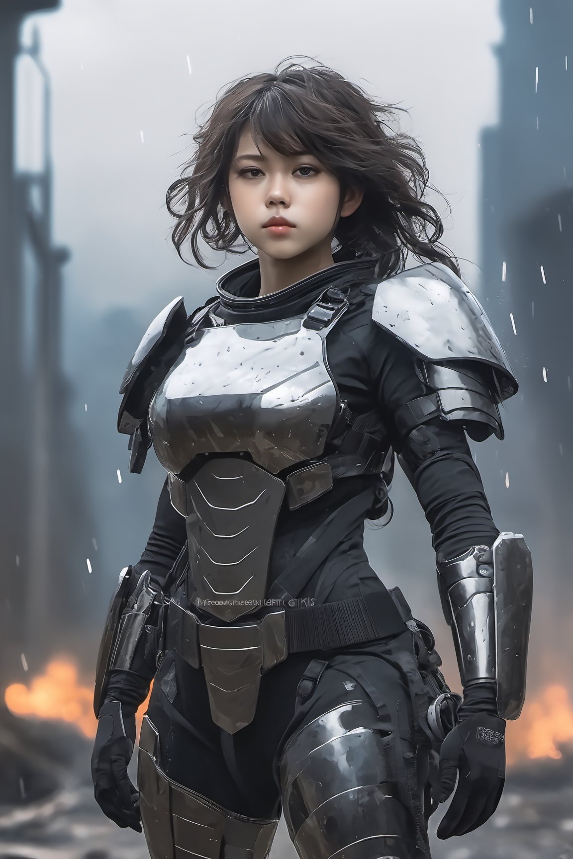 1girl, 25yo, portrait, US SWAT uniform((uniform detail with steel sheild like special force)) , with super powerful arm, Cyborg full body armour, steel ninja weapon, shoulder steel armor shield, sidelighting, wallpaper, Masterpiece, 8k, battle field background, ruin all over the place, after deep impact by terrorist destroying attacted, Thunderstorm, rainy day, The sky is obscured from the blue by flames, soot and battle fires are everywhere, and there is a hidden fire dragon in the background 
Wide angle shot
8k, ultra realistic, anime_screencap,IncrsXLRanni,A girl in the wild , backside view, buttock