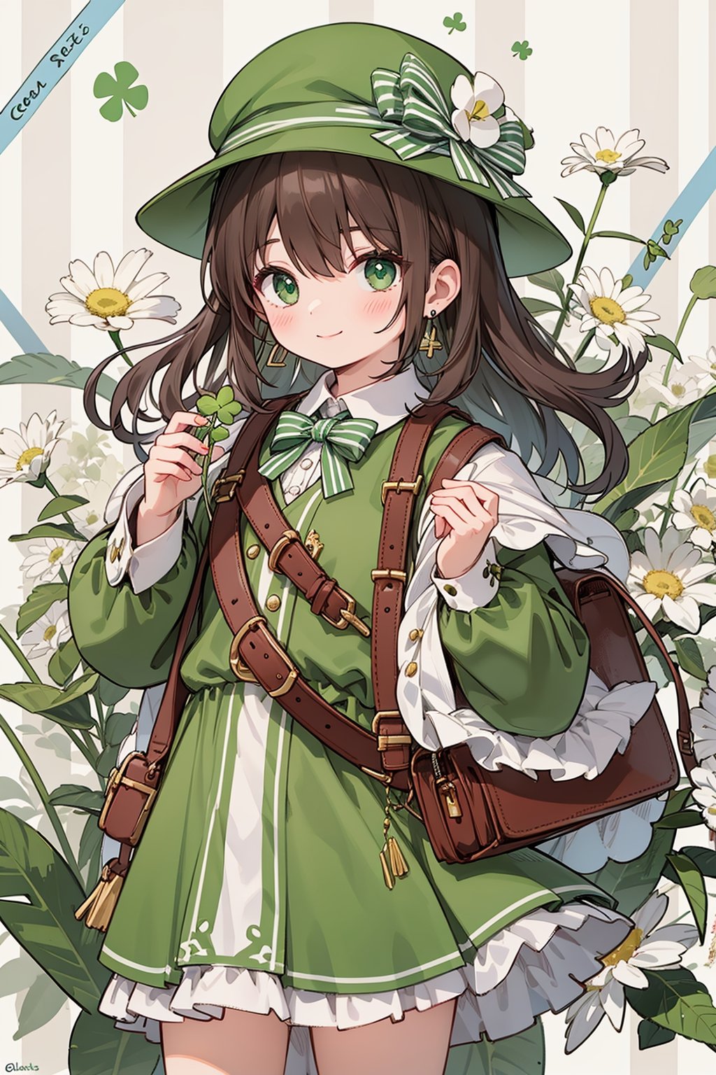 St. Patrick's Day, celts, Clover, formal hat, 1girl, hat, earrings, green_eyes, jewelry, solo, brown_hair, long_sleeves, smile, green_dress, looking_at_viewer, green_headwear, cowboy_shot, dress, striped_background, long_hair, vertical_stripes, striped, flower, closed_mouth, bag, bow, standing, frills, buttons, holding, butterfly, blush, leaf, green_jacket, insect, ribbon,best quality