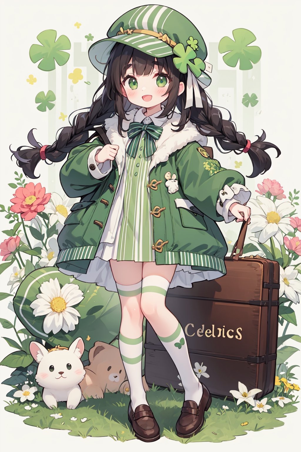 St. Patrick's Day, celts, Clover, formal hat, 1girl, green_eyes, hat, open_mouth, smile, long_hair, flower, standing, :d, holding, striped, long_sleeves, black_hair, full_body, solo, white_legwear, socks, leaf, striped_background, shoes, brown_footwear, blush, white_flower, twin_braids, vertical_stripes, looking_at_viewer, green_headwear, thick_eyebrows, dress, coat, braid, green_footwear, shirt, very_long_hair