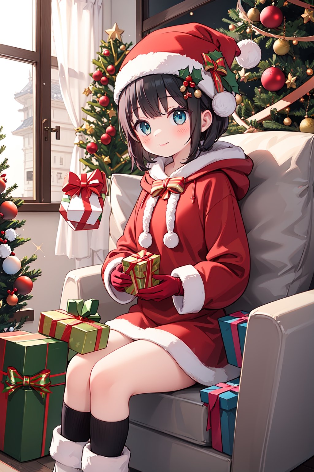 1girl, hat, red_headwear, christmas, santa_hat, hood_down, hood, christmas_tree, holding, smile, animal, gloves, sparkle, christmas_ornaments, holding_animal, looking_at_viewer, window, black_hair, blush, beanie, red_gloves, long_sleeves, merry_christmas,