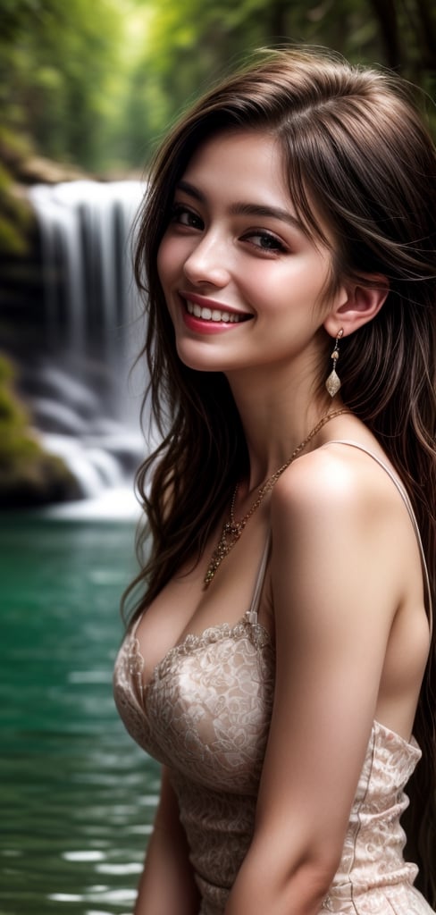 create a masterpiece, Best Quality, photorealistic, highly detailed, 1 beautiful woman daydreaming. She is wearing summer dress, longhair, earrings, necklace, beautiful detailed eyes, realistic detailed skin, smiling, perfect teeth, background of waterfall,
,blurry_light_background,perfecteyes