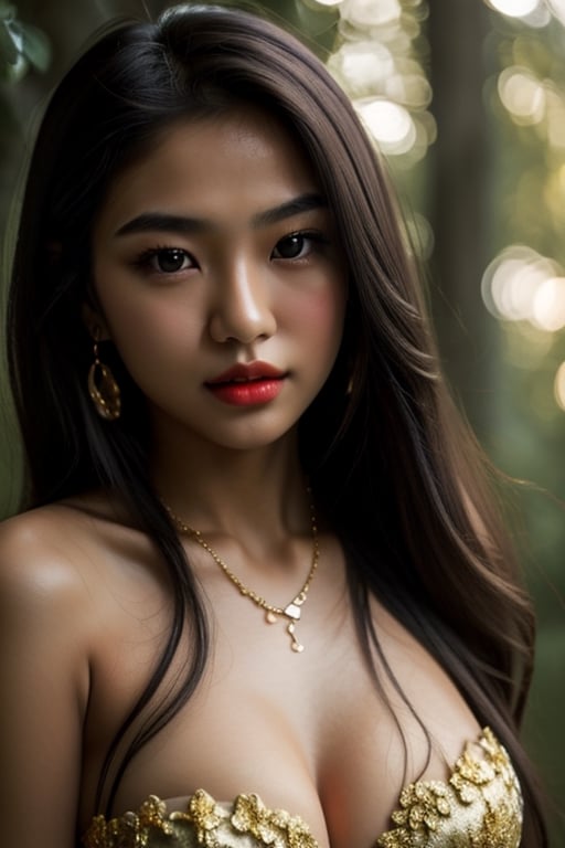 (masterpiece, best quality:1.4), (beautiful, aesthetic, cute, adorable:1.2), (depth of field:1.2), 17 year old girl, asian girl, cute, sexy, perfect female form, expressive eyes, long hair, silky hair, mid day, bokeh, vibrant colors, heavy make-up, bloody red lipstick, gold necklace, cleavage, greenary background,perfecteyes, heart melting, lovely, seductive