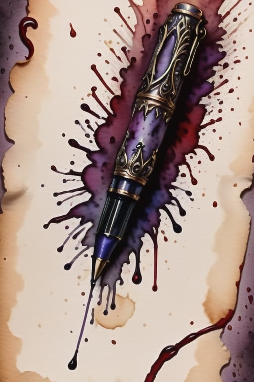 small lavender pen, bloody background, horror theme, Inkstains, high quality, beautiful, highly detailed, 8k, crooked parchment paper,