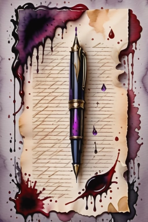 small lavender pen, bloody background, horror theme, Inkstains, high quality, beautiful, highly detailed, 8k, crooked parchment paper,