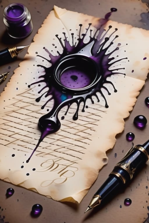 lavender coloured small pen, scary background, horror theme, Inkstains, high quality, beautiful, highly detailed, 8k, crooked parchment paper,