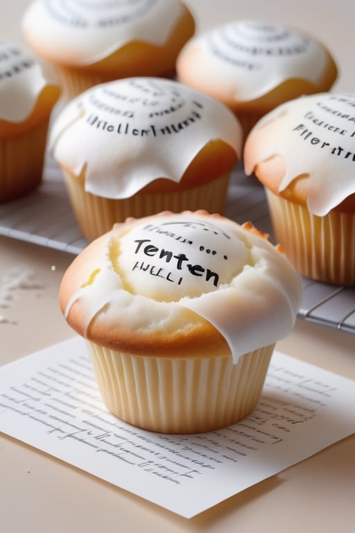 white muffin named tenten, english, text saying HELLO TENTEN, Inkstains, high quality, beautiful, highly detailed, 8k, crooked parchment paper,huayu