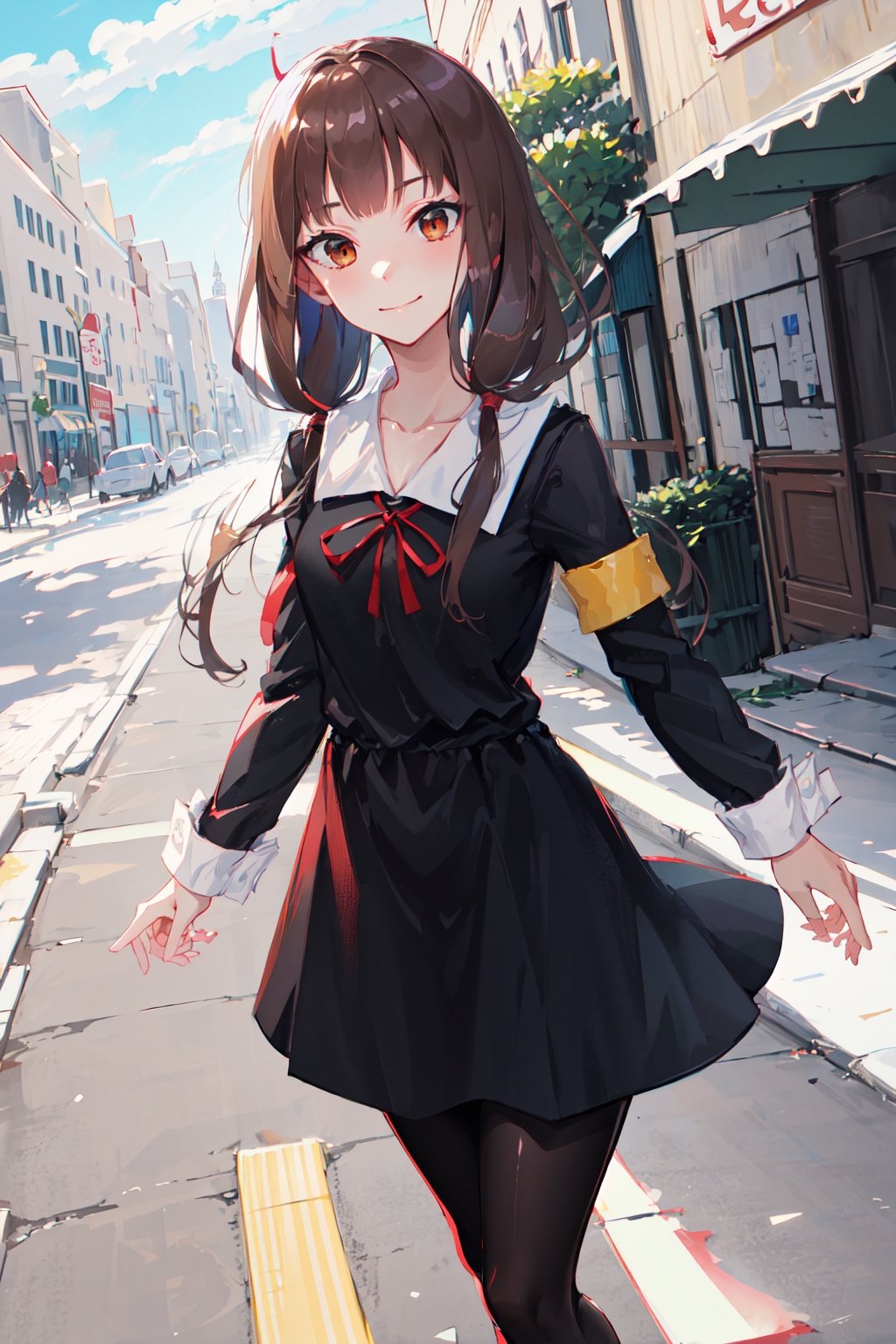 masterpiece, best quality, highres, bbmiko, long hair, low twintails, blunt bangs, collarbone, neck ribbon, red ribbon, black dress, black shirt, long sleeves, black sleeves, armband, black pantyhose, standing, cowboy shot, outdoors, smile, closed mouth, 