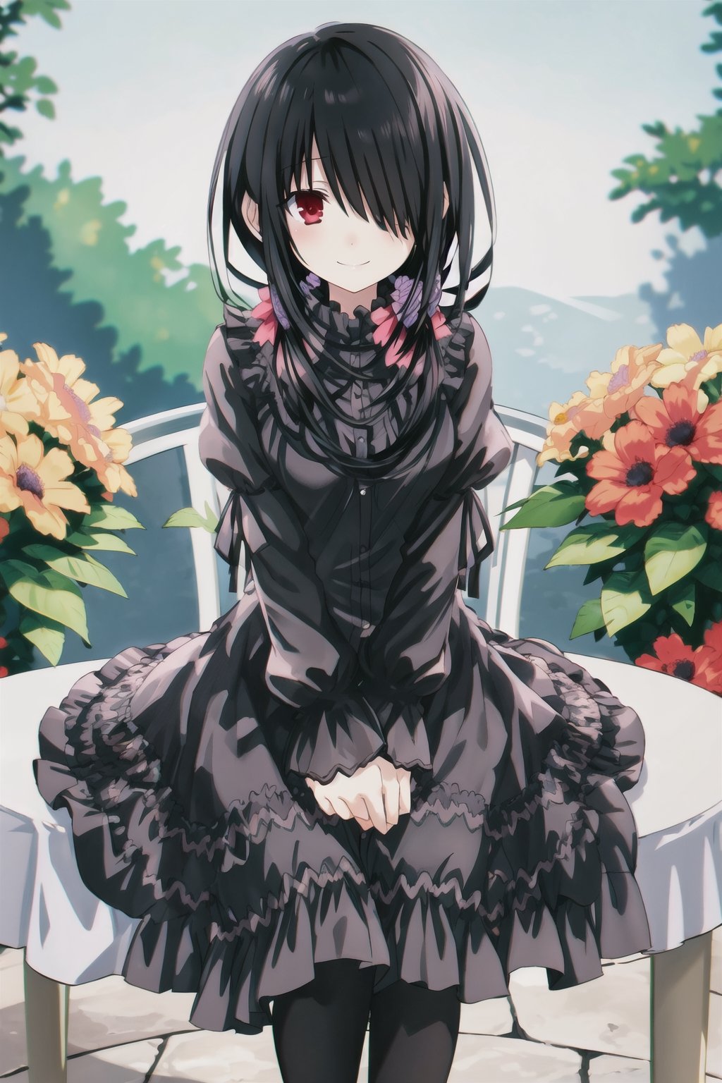 masterpiece, best quality, highres, 1girl, cckurumi, long hair, low twintails, hair flower, hair over one eye, hair bow, gothic, black dress, ribbon, garden, smile, sitting, table, coffee,