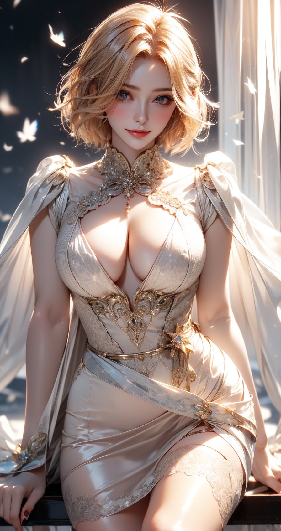 Photorealistic, Best Quality, hight resolution, Attention to detail, She is wearing a fancy white skirt on a random background, Constricted waist, hourglass figure, Blonde Woman, Long legs, short hair, Sexy, Blushing face, Sensual Pose, Perfect white skin, dynamic light, smirk,