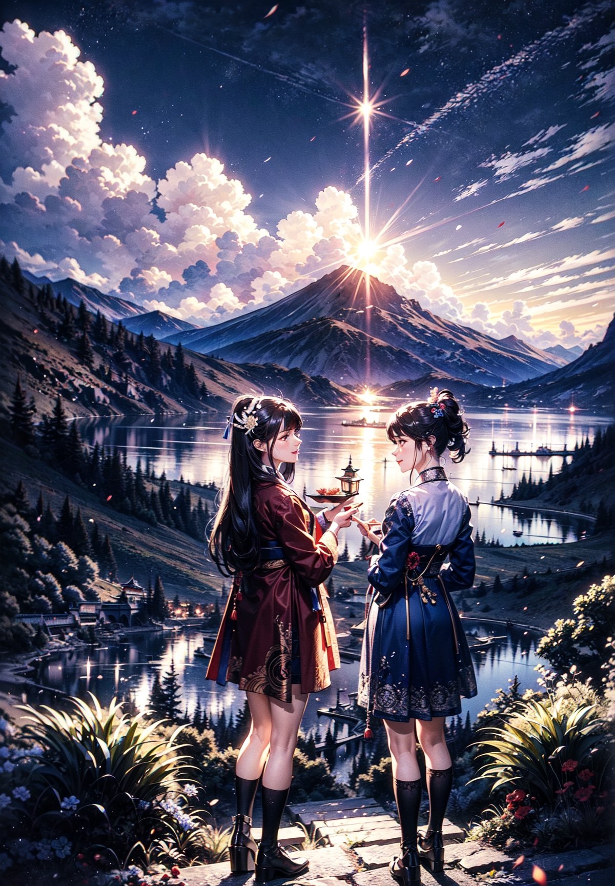 2 girl standing in a garden on a mountain,flowy short dress,lace,ornate details,big detailed eyes looking at viewers,hair ornament,floral arrangement,lanterns,4k ,windy,photorealistic,depth of field,highly detailed,quju,hanfu,shoes,kirara /(genshin impact/), playfull, happy, 2girls, fullmoon, ,goyounjung