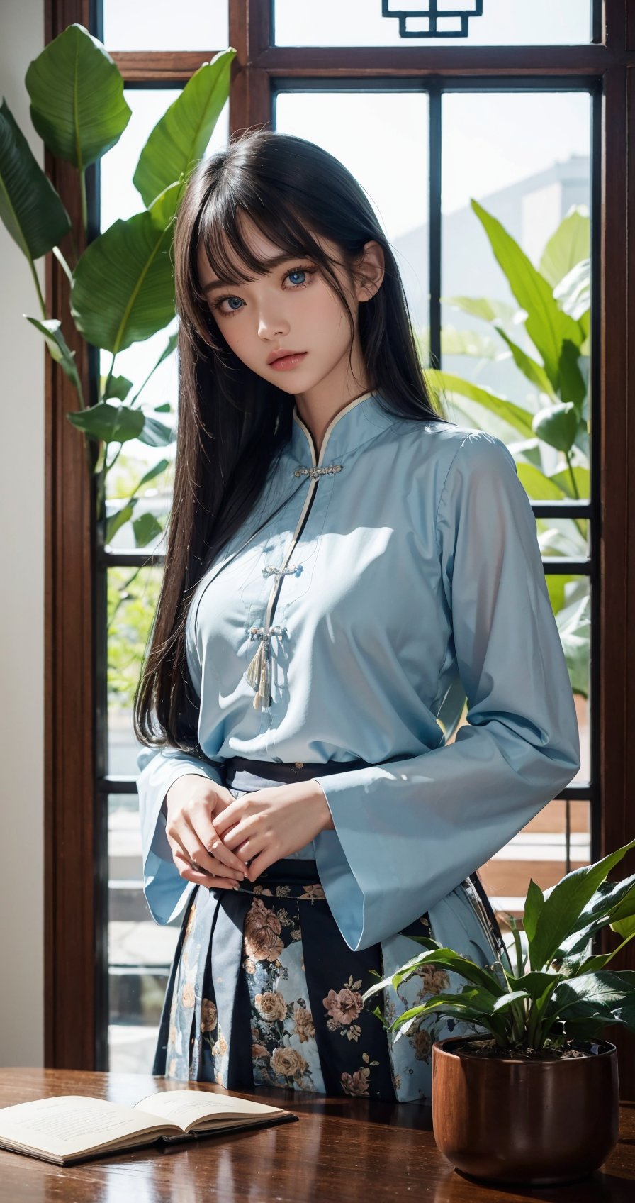 High Quality, Lossless, Clean, Raw, High Quality, Lossless, Clean, Raw, HD, girl, alone, clear lights, bangs in her hair, blue eyes, beautiful girl, perfect body, Color Booster,Realism, 1girl, solo, long hair, looking at viewer, skirt, black hair, hair ornament, long sleeves, standing, flower, indoors, wide sleeves, book, window, chinese clothes, table, plant, book stack