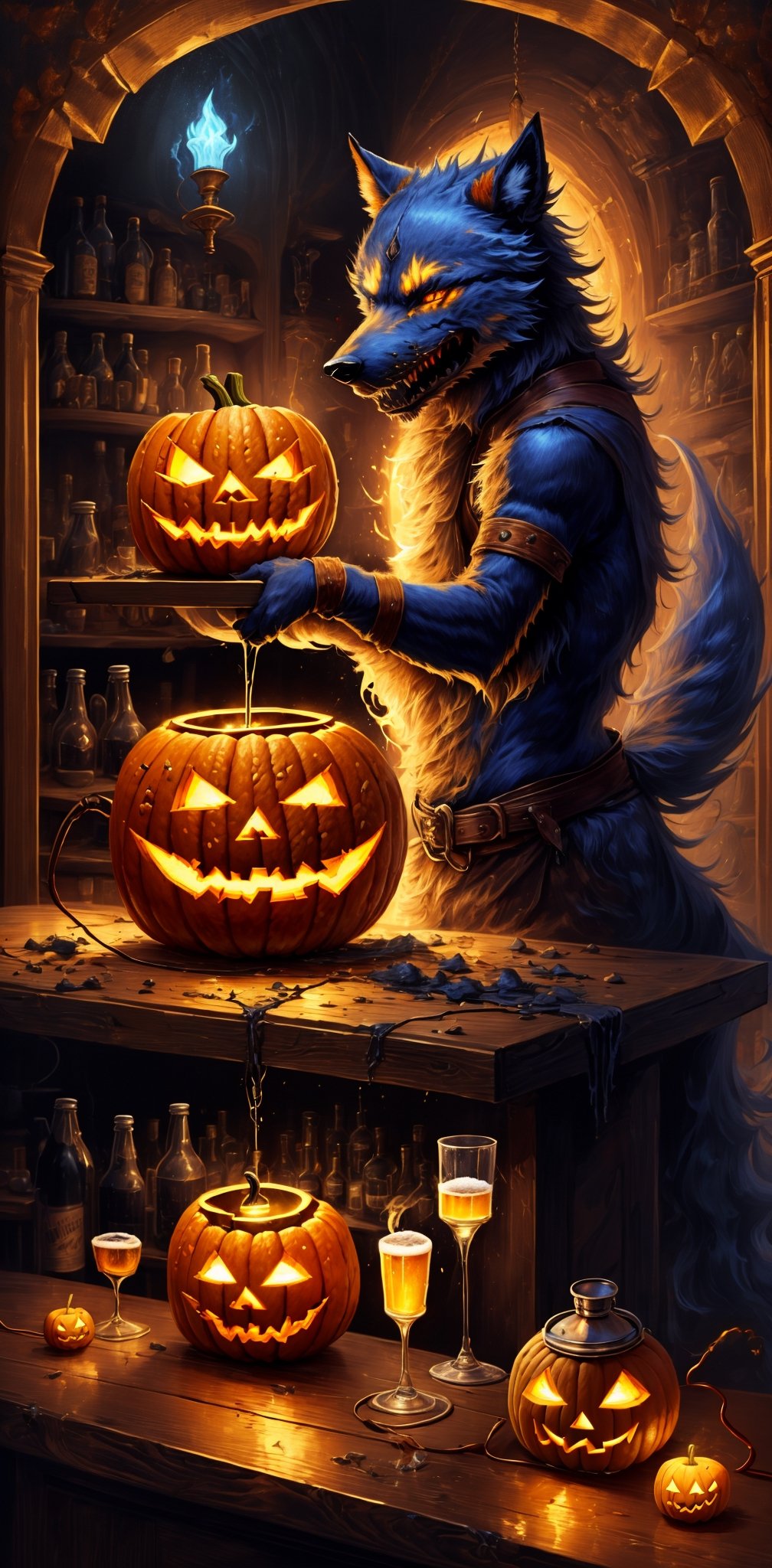 werewolves drinking beer on the bar, with jack-o lantern lamp, dim light, horor themes