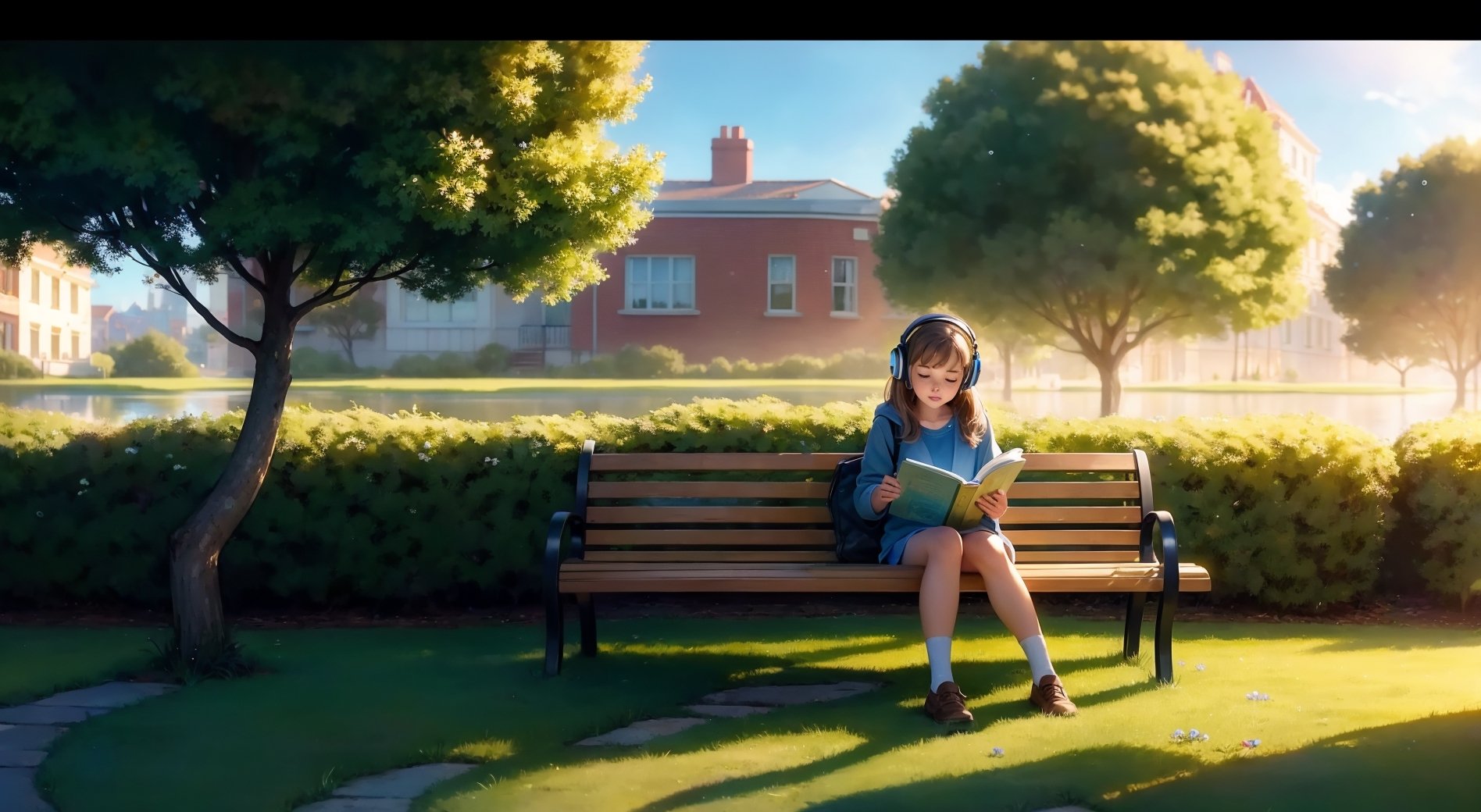 fine art, digital painting, amazing sky, pixar style,
.
 Woman, reading book, Wear headphones, aesthetic, digital illustration, soft colors, cozy outdoors, cup of coffee, potted plant, bench, tree, grass, water reflection, melancholic atmosphere, side view, flower, windy, 
.
cute, storybook detailed llustration, cinematic, ultra highly detailed, tiny details, beautiful details, vibrant colors