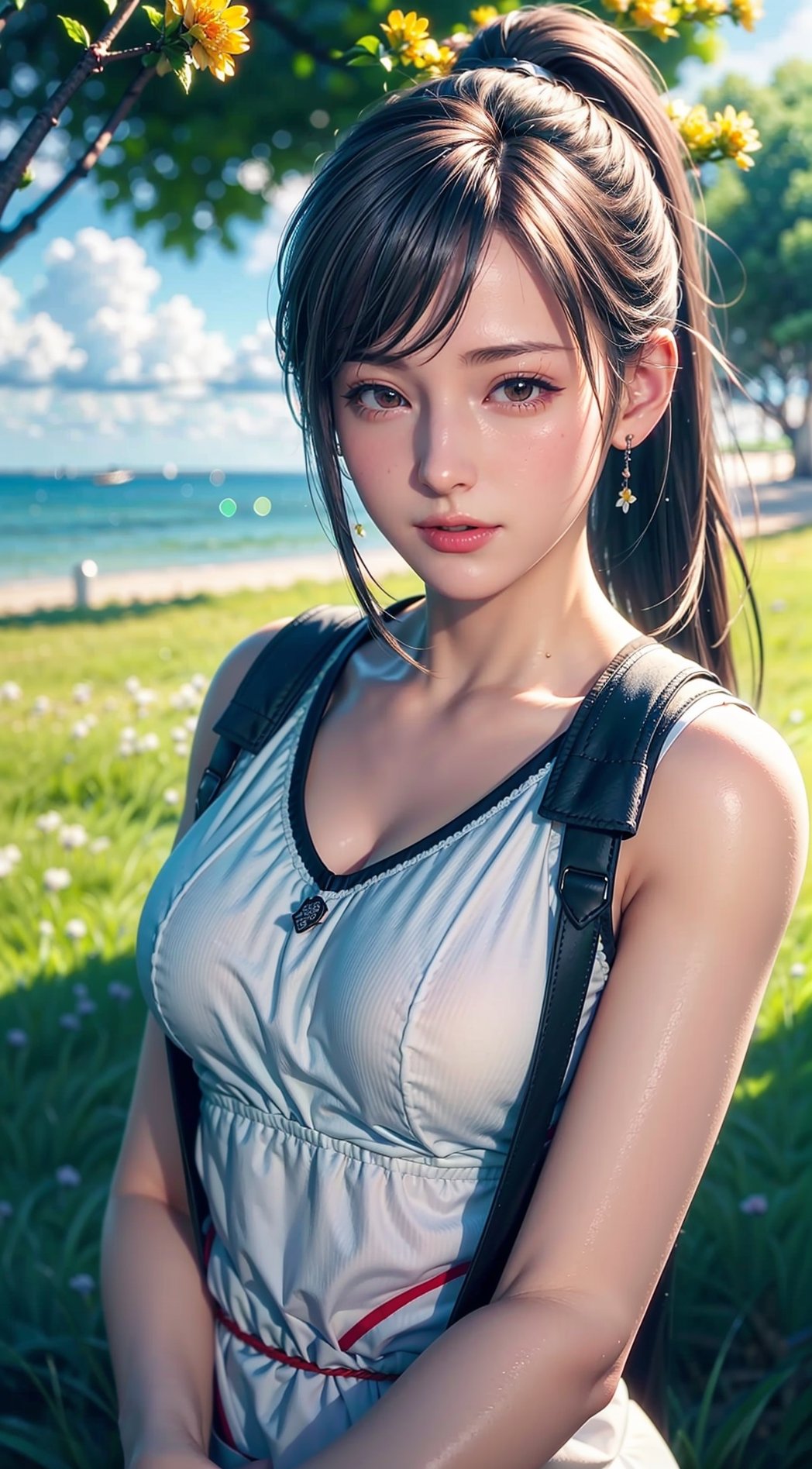 Summer Wallpaper, 1girl long hair, long_ponytail, Grass, Few Flowers, Big Clouds, Blue Sky, seaside, Hot Weather, HD Detail, Moist Watermark, Ultra Detail, Film, Hyper Realism, Soft Light, Deep Focus Bokeh, Ray Tracing, and Hyper Realism, birdview,ftifa