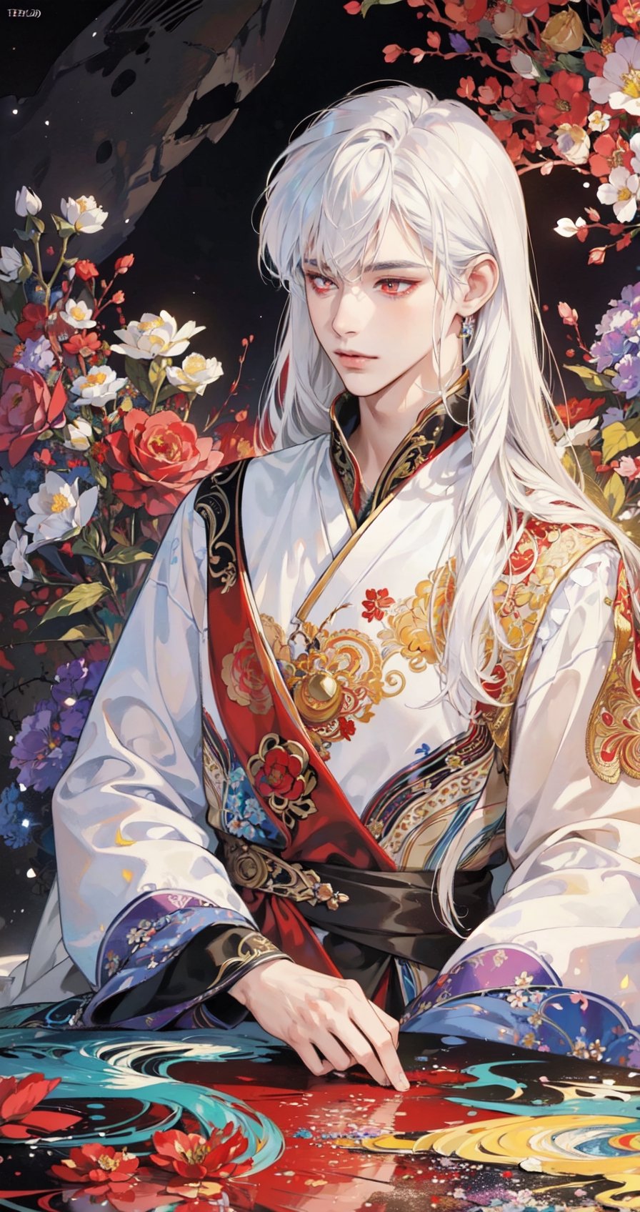Realistic, (Masterpiece, Top Quality, Best Quality, Official Art, Beauty and Aesthetics: 1.2), Very Detailed, Fractal Art, Colorful, Most Detailed, Zentangle, (Abstract Background: 1.5) (1boy: 1.3), Long White Hair, (Glowing Red Eyes), Mysterious, (Magic), Ice, ((Flowers on the Other Side)), Yellow Spring, 