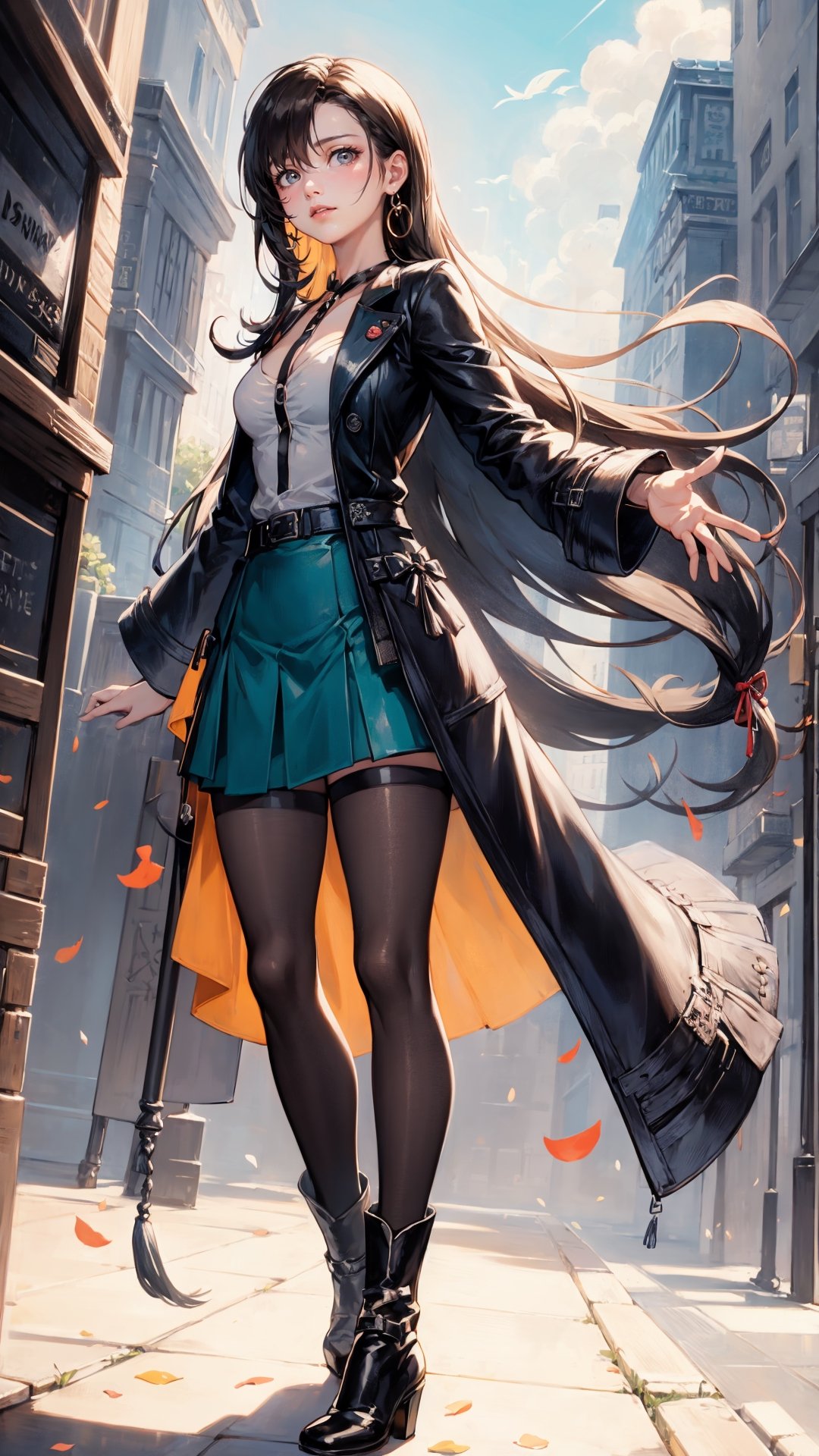 Anime,Alice, anime style, blue eyes, dark Green dress with a karset, white small skirt, black green sleeves, black green glove on the right hand, Gold bows on the forearms, long black boots ending with royal trims, yellow with blue stones tied, blond hair, yellow coat, stetson with black and yellow roses,n_2b,asian girl,long skirt,high_school_girl,Android_18_DB,defTifa